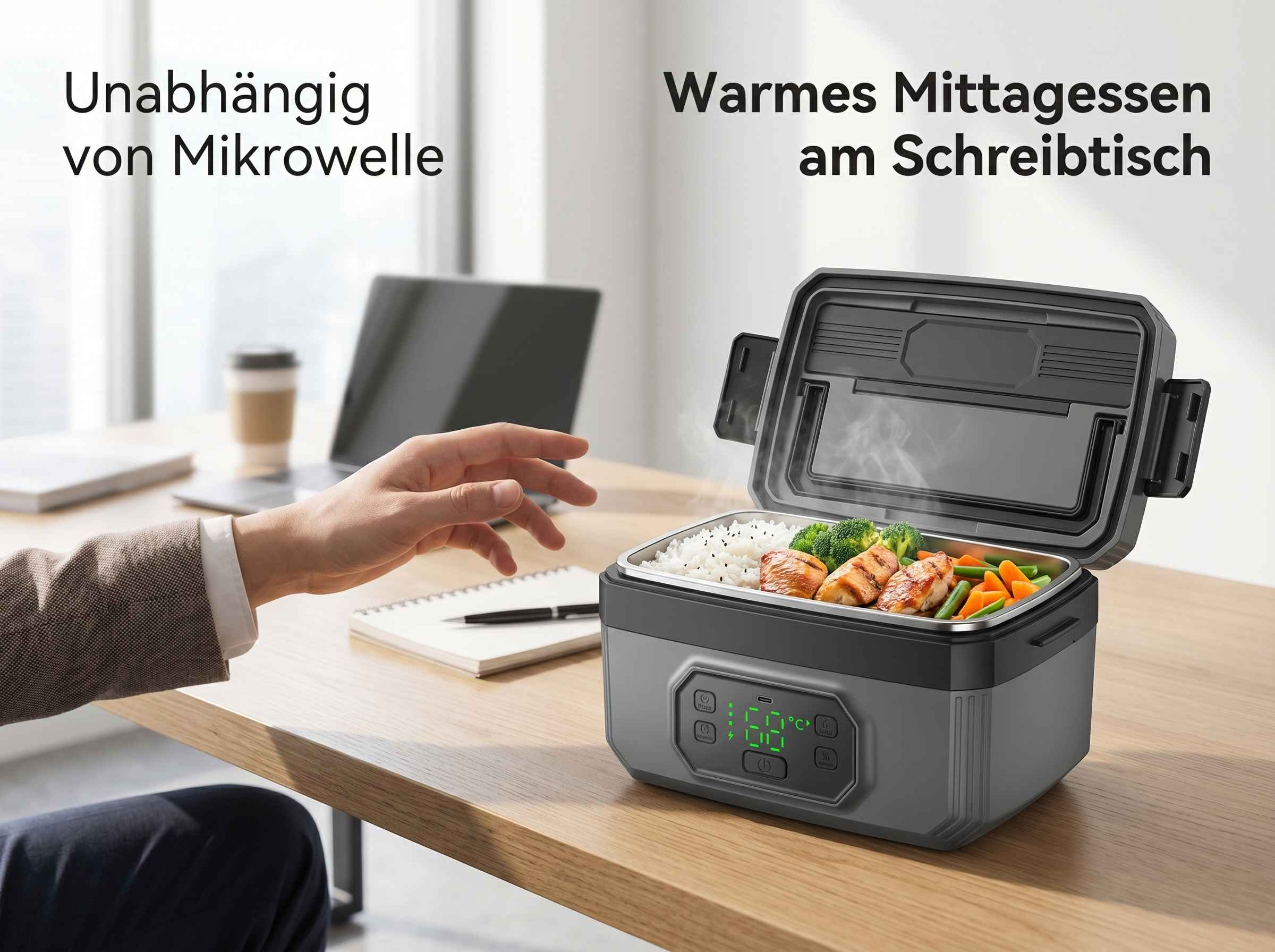 Ein Mann am Schreibtisch öffnet einen dampfenden Brotdosen-Kocher mit Reis, Hähnchen und Gemüse.