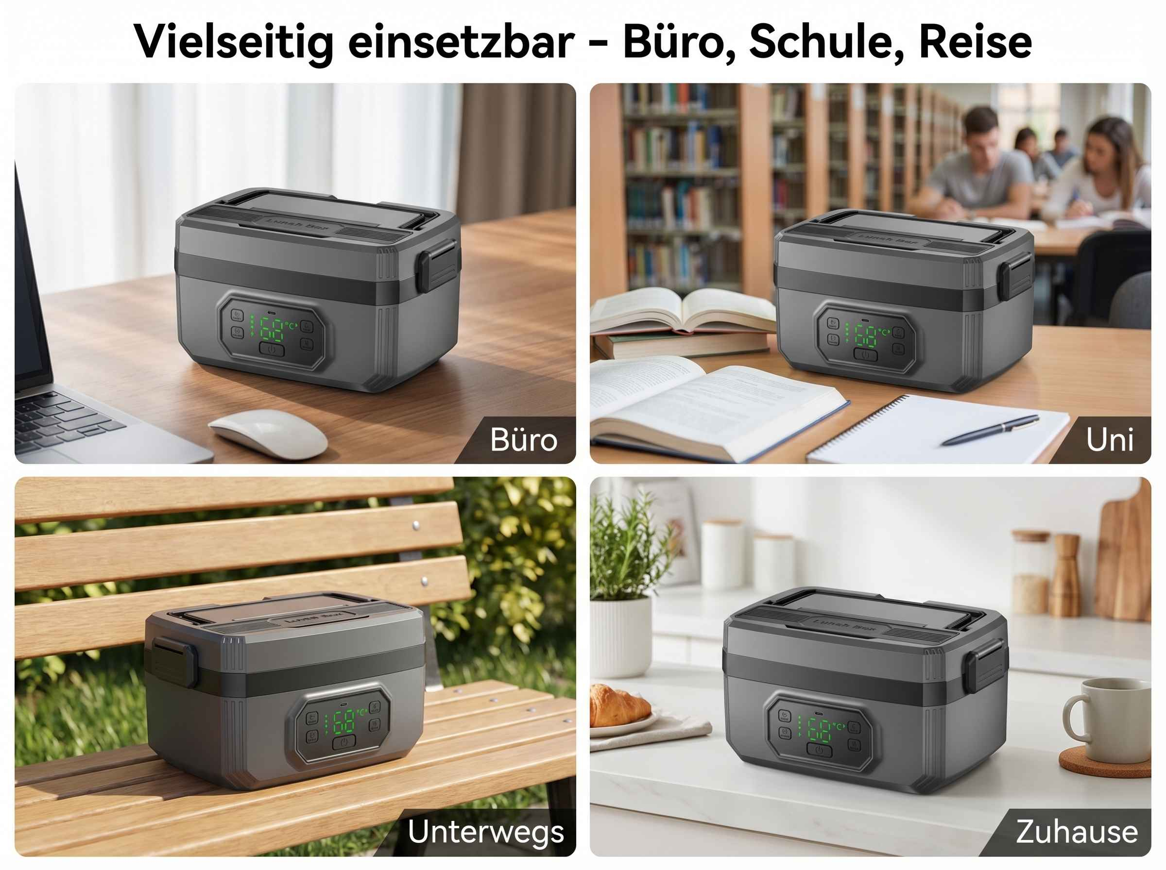 Vier Szenen zeigen eine graue Lunchbox im Büro, in der Uni, draußen und zuhause.