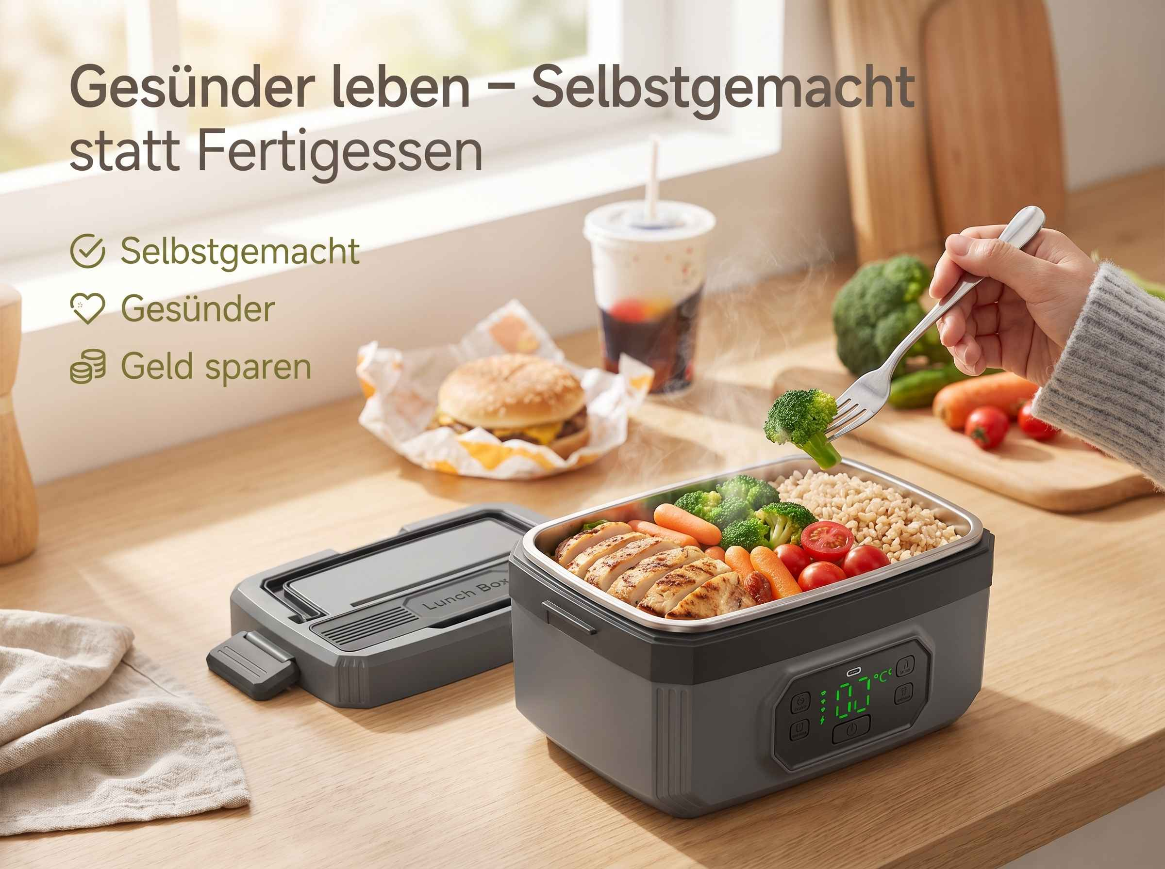 Ein elektrischer Lunchbox mit Hähnchen, Reis, Brokkoli, Karotten und Tomaten.