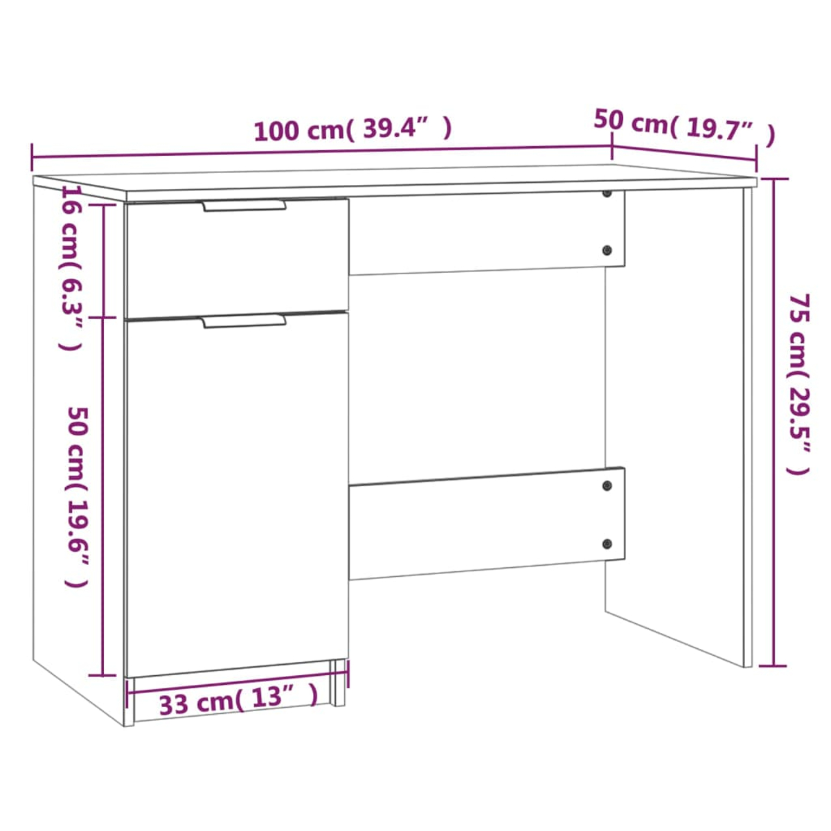 Zeichnung eines Schreibtisches mit Maßen: 100 cm breit, 75 cm hoch, 50 cm tief.