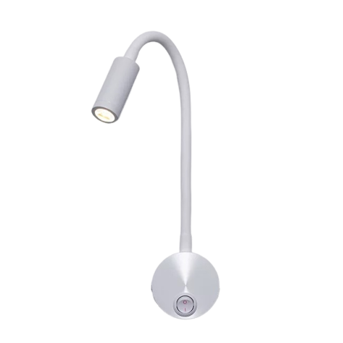 Eine weiße Schwanenhalslampe mit LED und silbernem Sockel mit Ein-/Ausschalter.