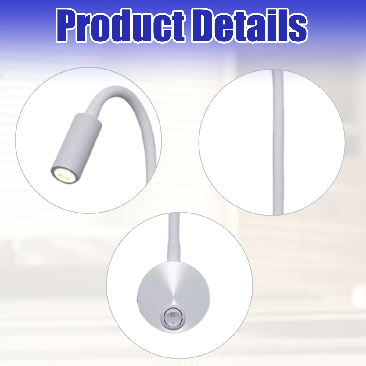 Detailansichten einer weißen LED-Lampe mit Schalter und Kabel.