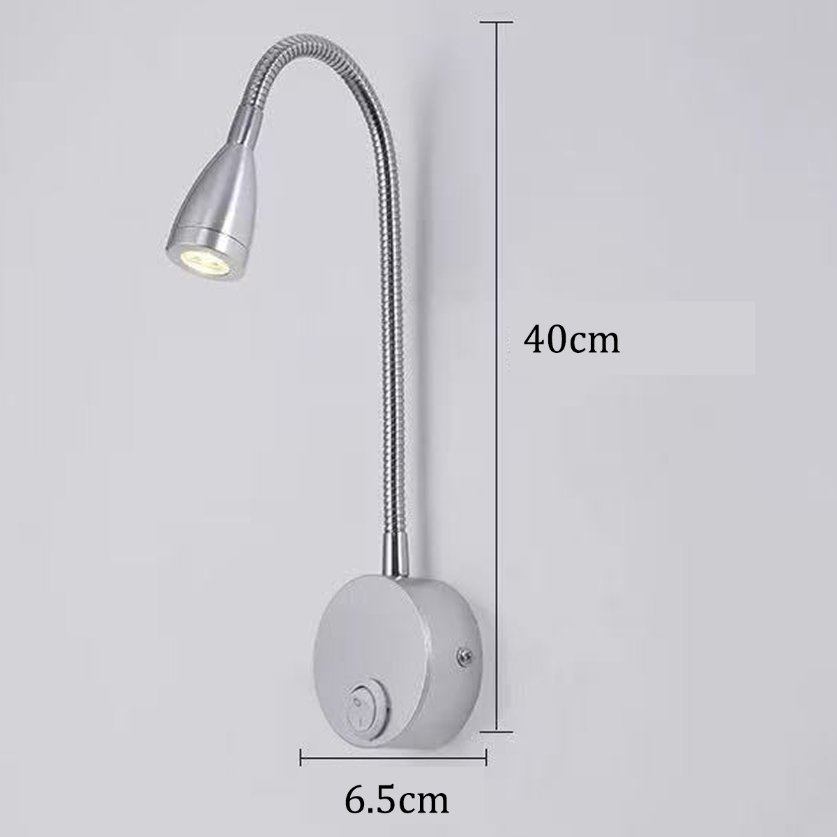 Silberne Schwanenhals-Wandlampe mit Schalter, 40cm hoch, 6.5cm breit.