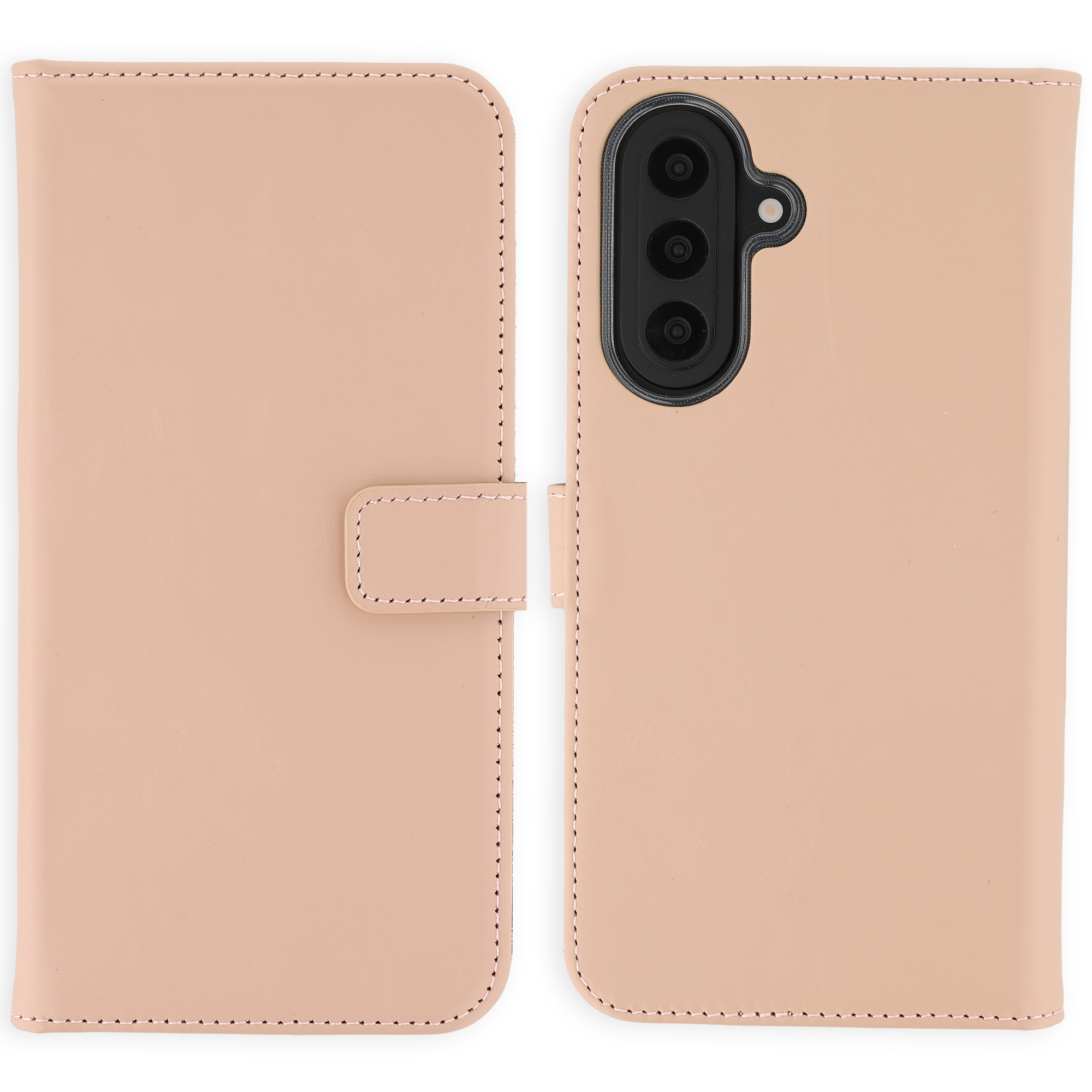 Een lichtroze open telefoonhoes met camera en sluiting.