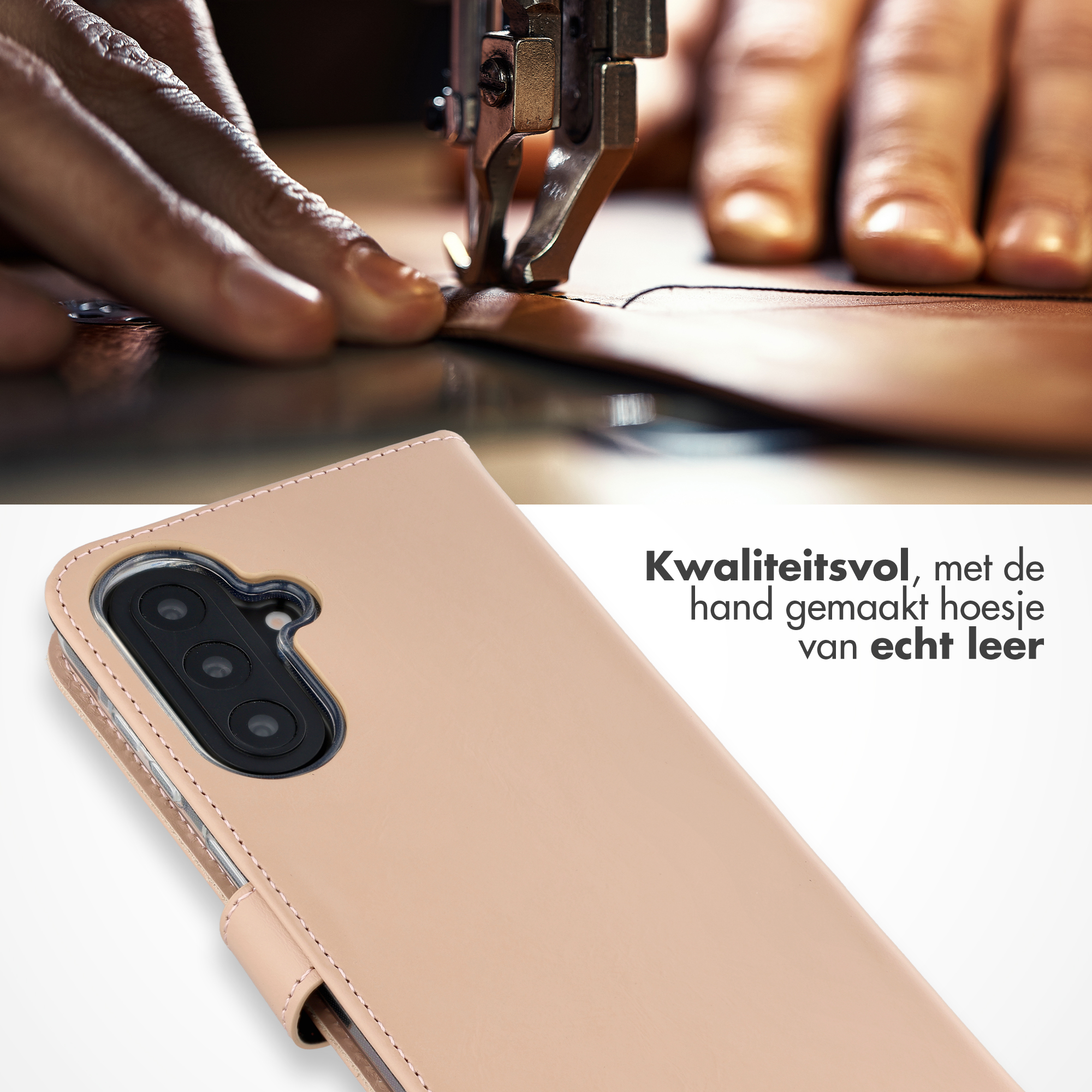 Handen naaien leer voor telefoonhoes met naaimachine.