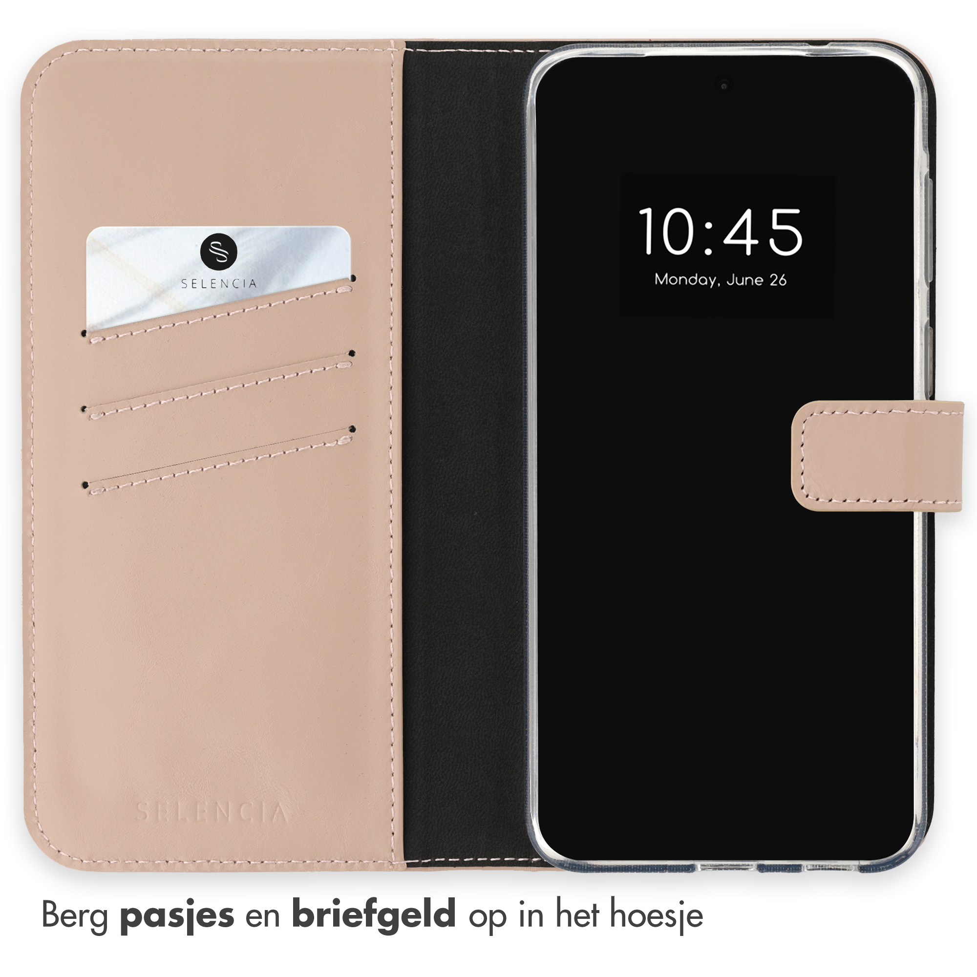 Een lichtbruin telefoonhoesje met kaartsleuven en een gesloten telefoon.