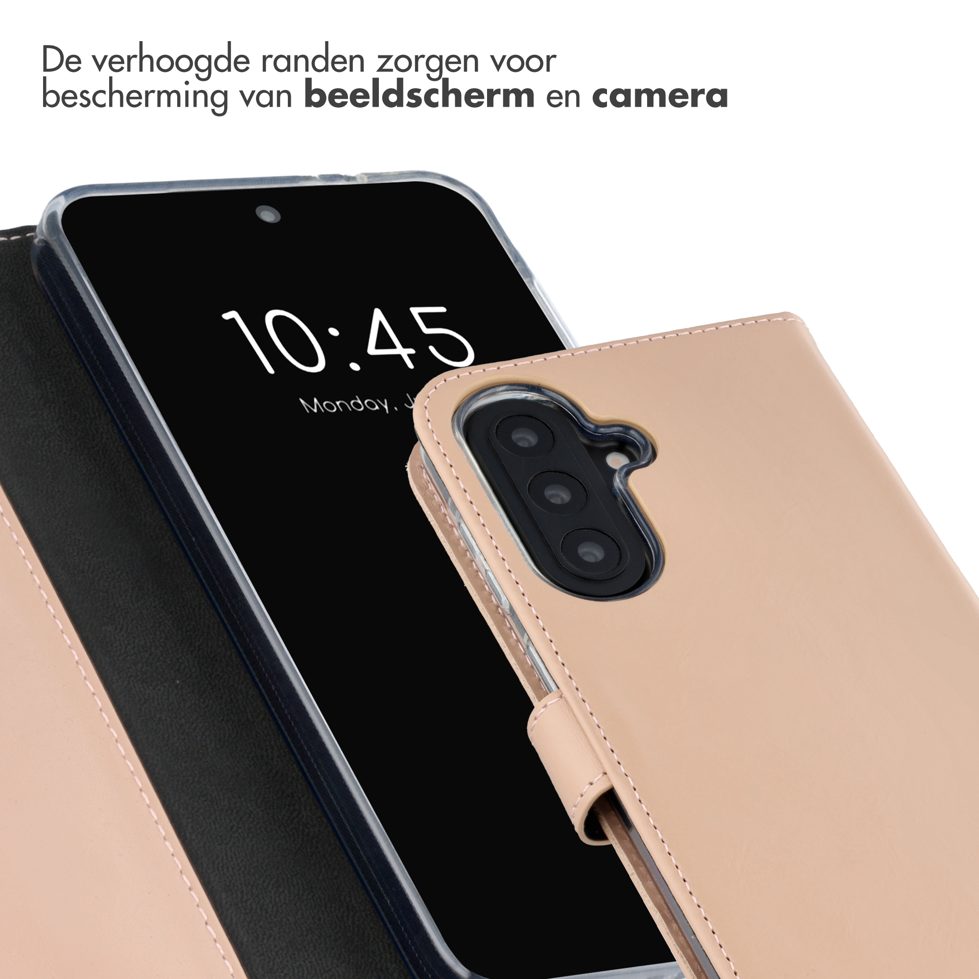 Een lichtbruine flip telefoonhoes met cameramodule en verlicht scherm.