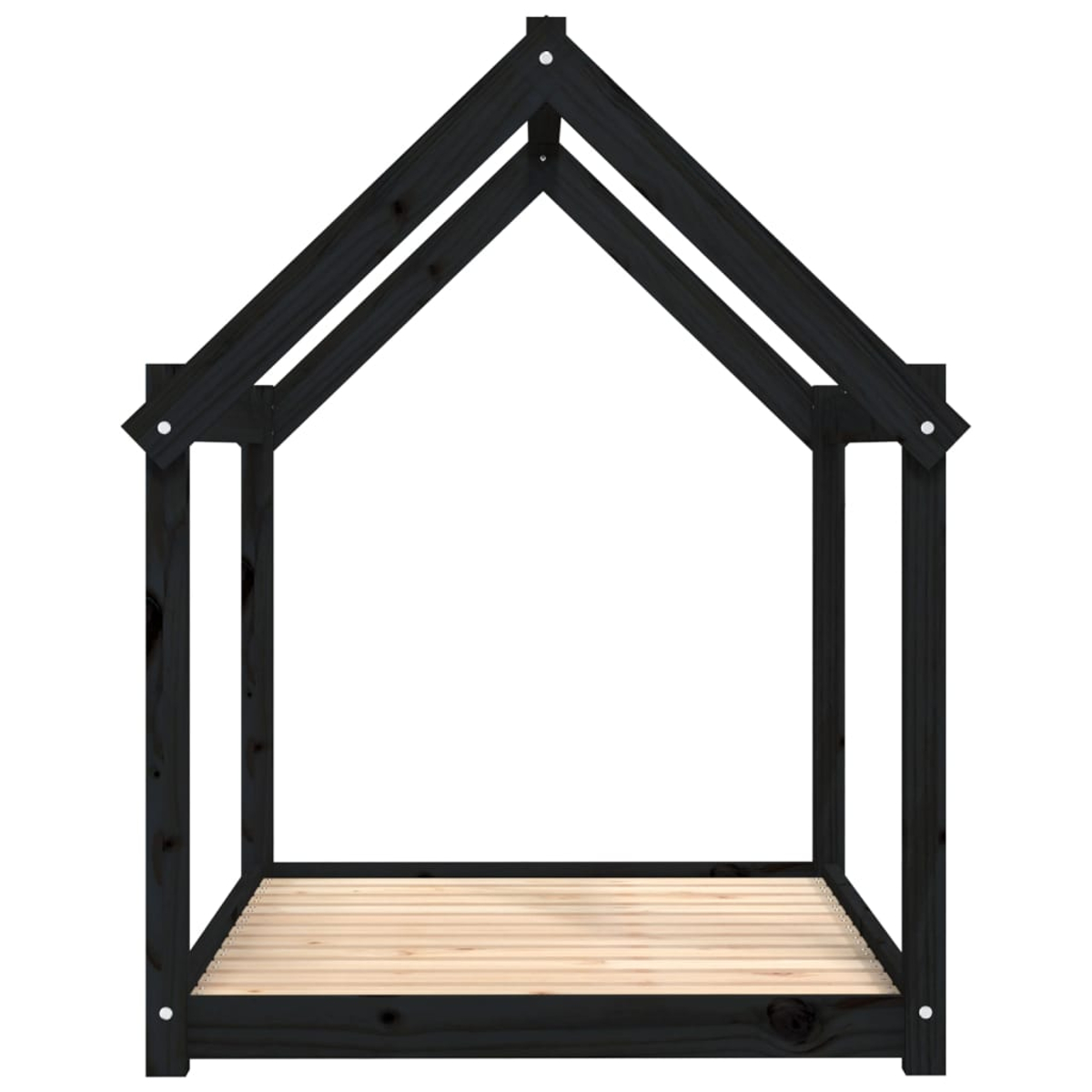 Ein schwarzer Bettrahmen in Hausform mit Lattenrost.