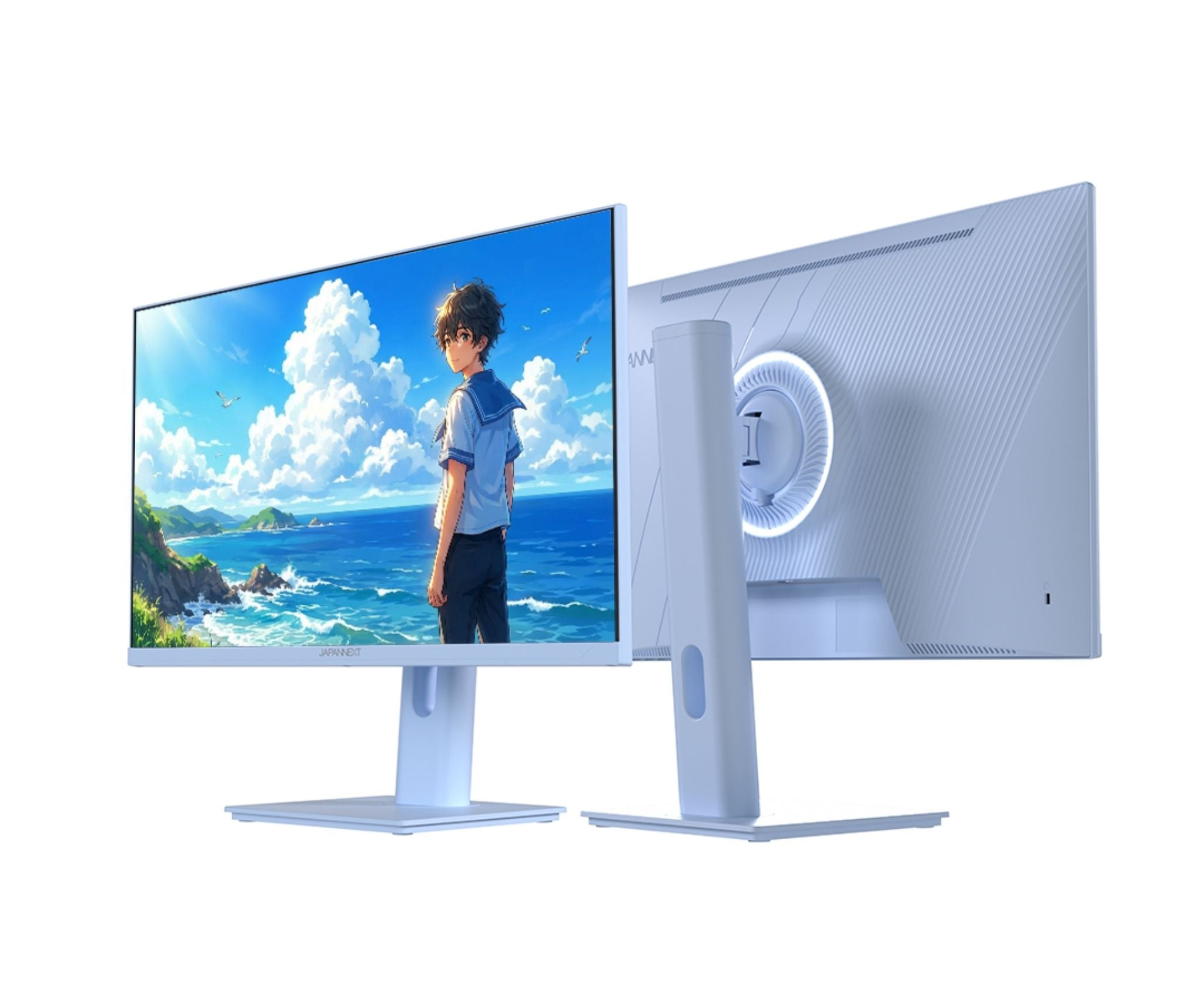 Ein Monitor zeigt eine Anime-Szene einer Küste, während der Rücken eines zweiten Monitors sichtbar ist.