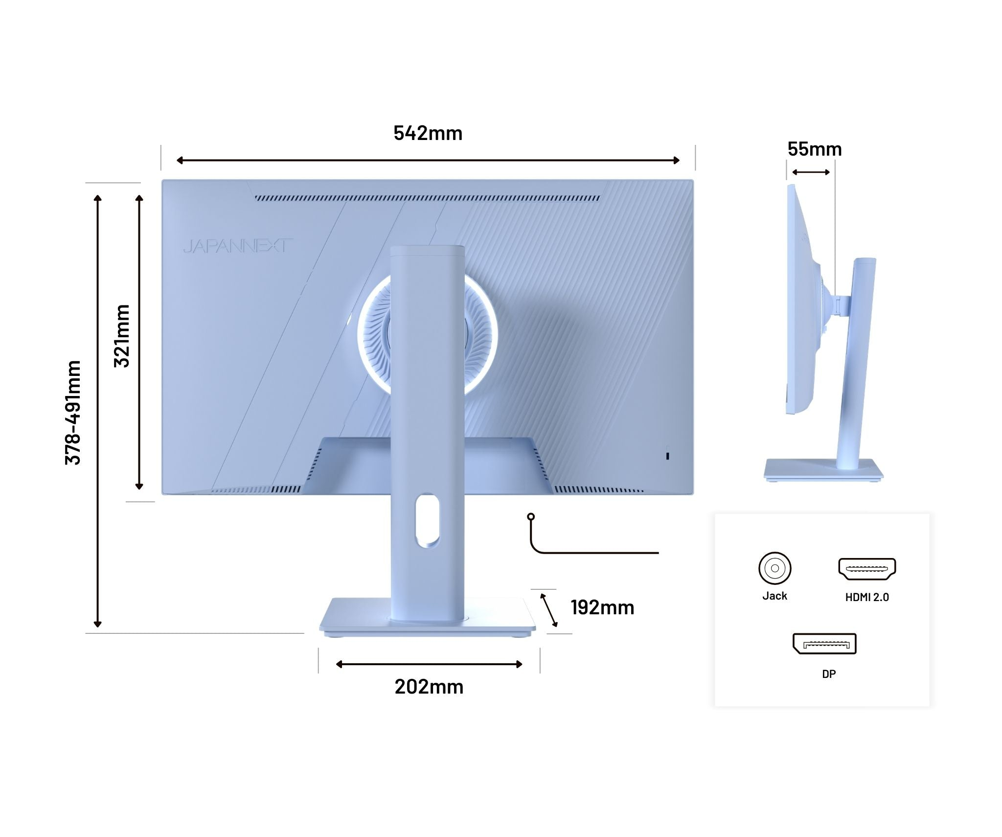 Hellblauer Monitor mit Maßen und Anschlüssen: Jack, HDMI 2.0, DP.