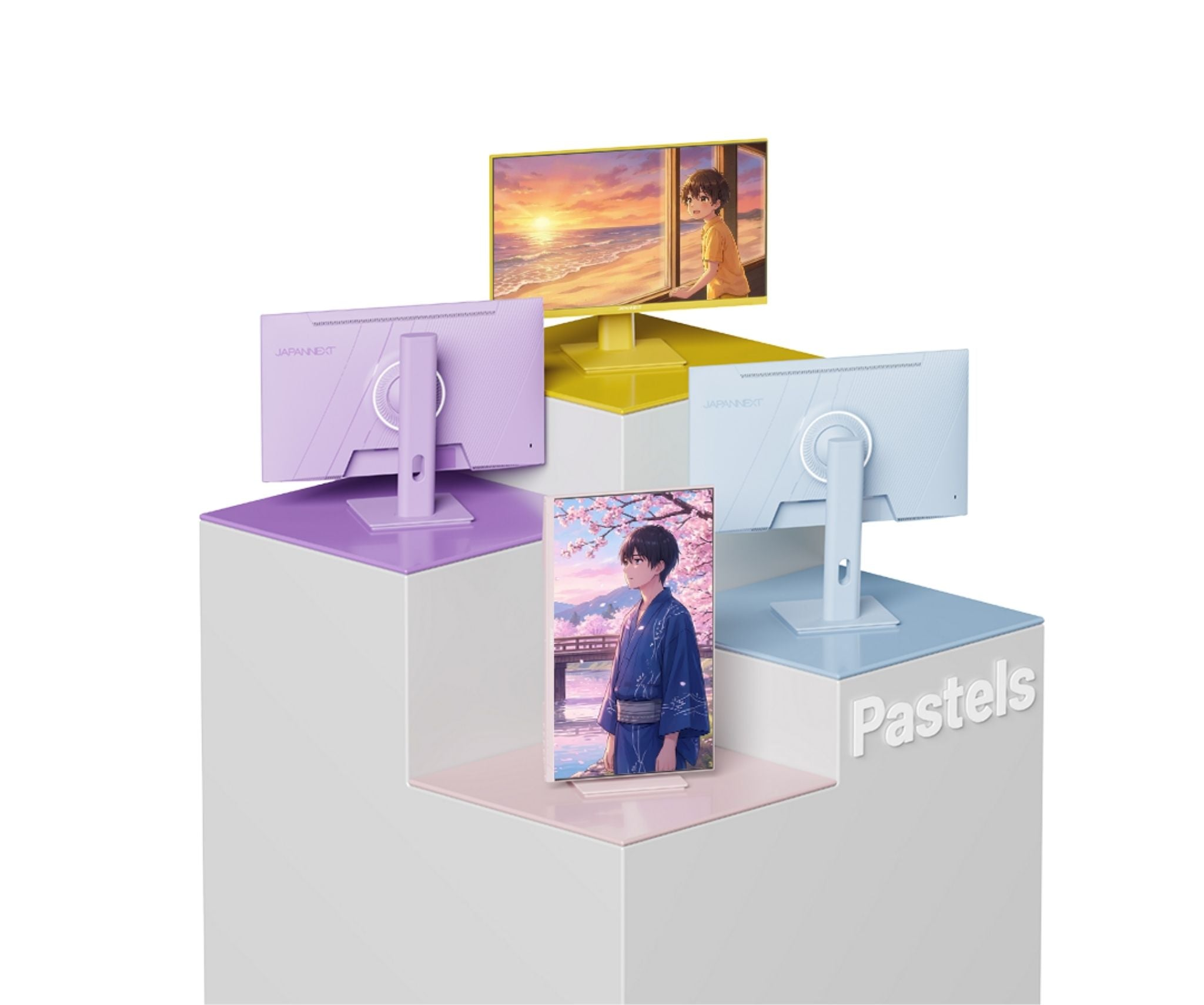 Drei pastellfarbene Monitore auf weißen Sockeln mit Anime-Bildschirmen.
