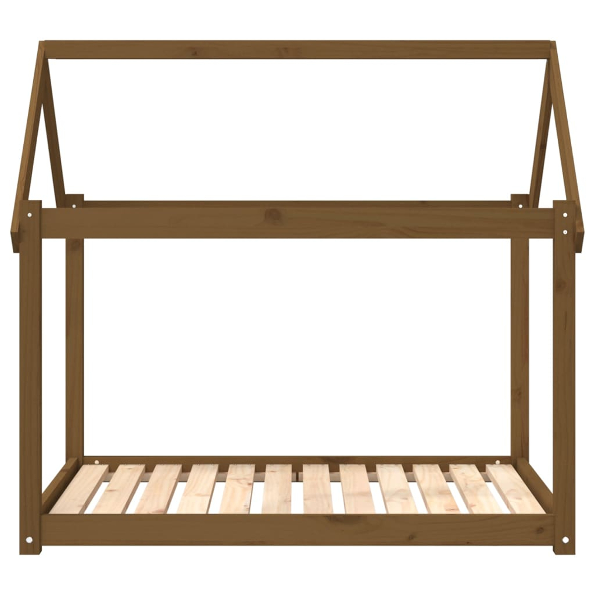 Ein braunes Hausbettgestell aus Holz mit Lattenrost und weißem Hintergrund.