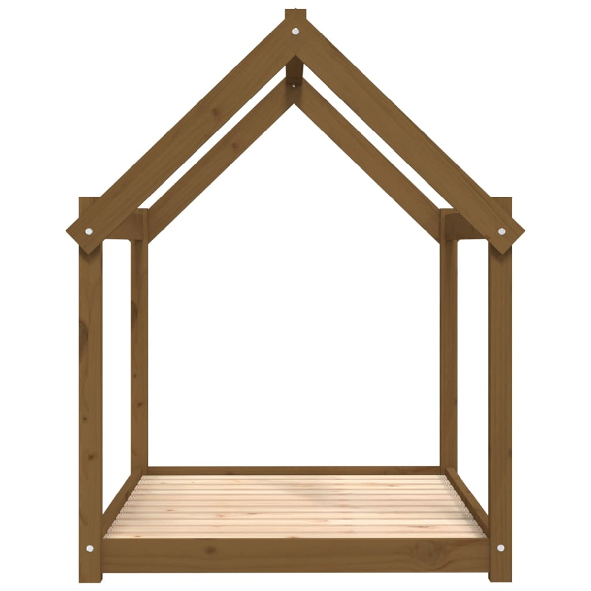 Ein braunes Holzhausbettgestell mit Lattenrost.
