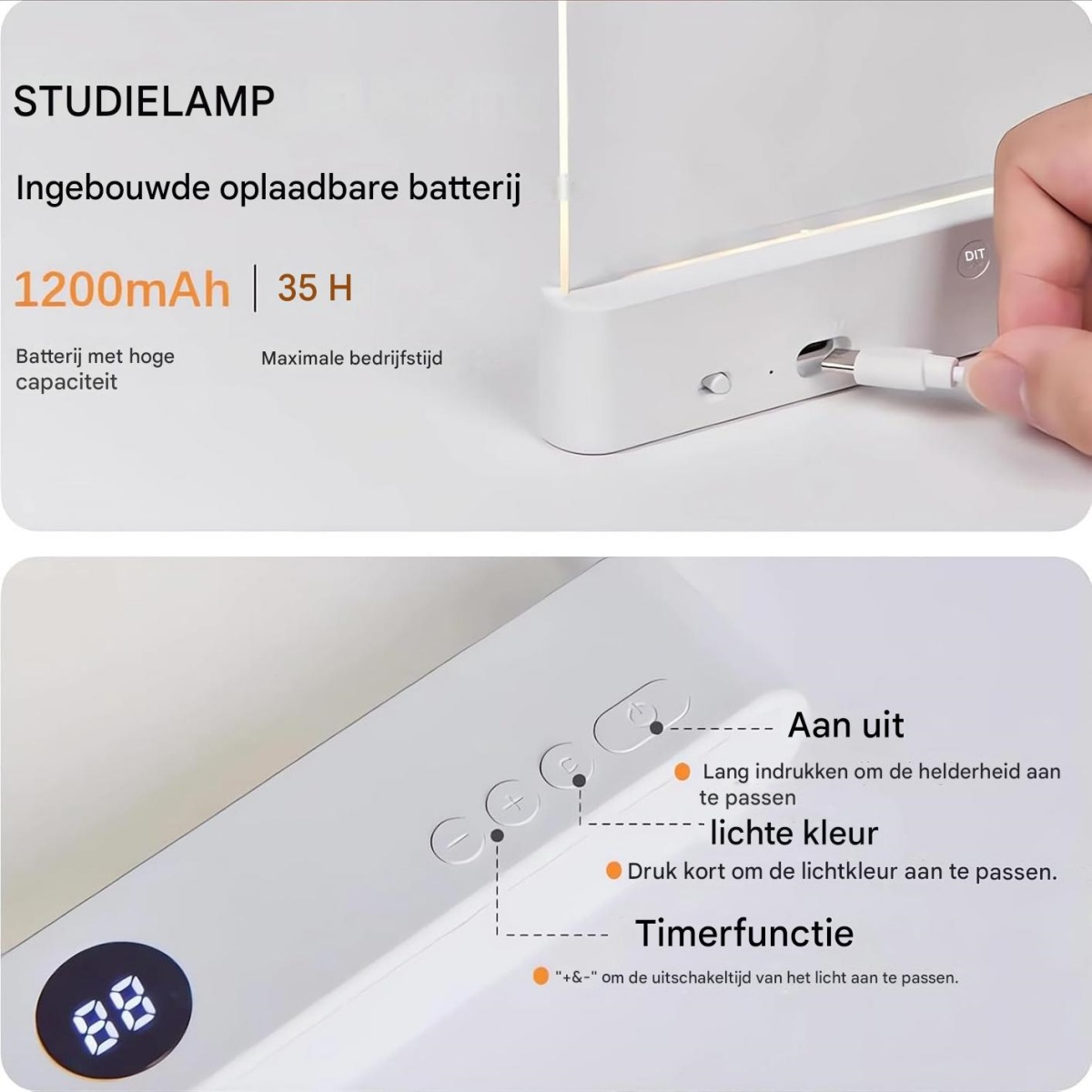Ein weißes Studio-Licht mit USB-C-Anschluss, Display und Bedientasten.