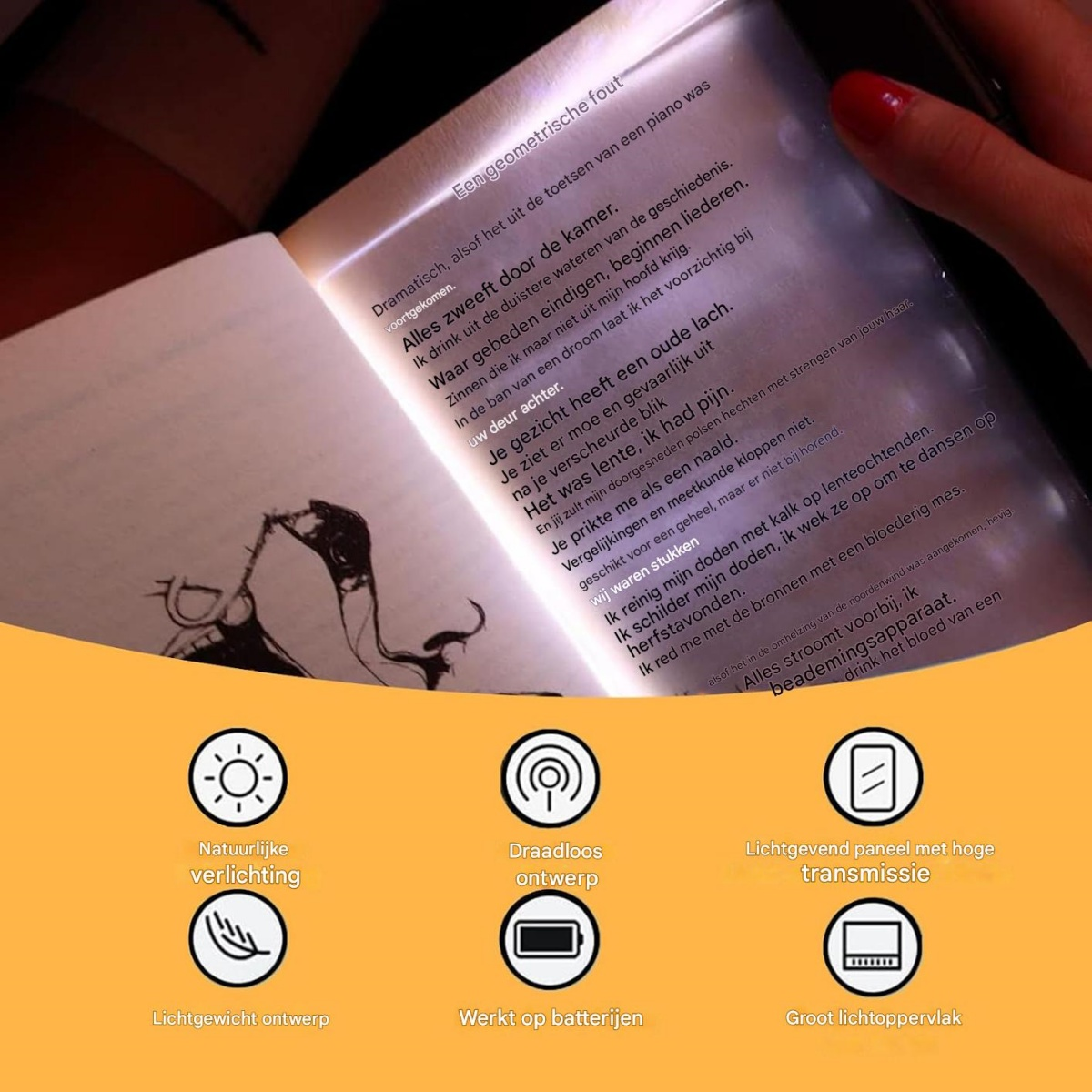 Ein Buch mit Text und Illustration, beleuchtet von unten. Vier Symbole unten zeigen Funktionen.