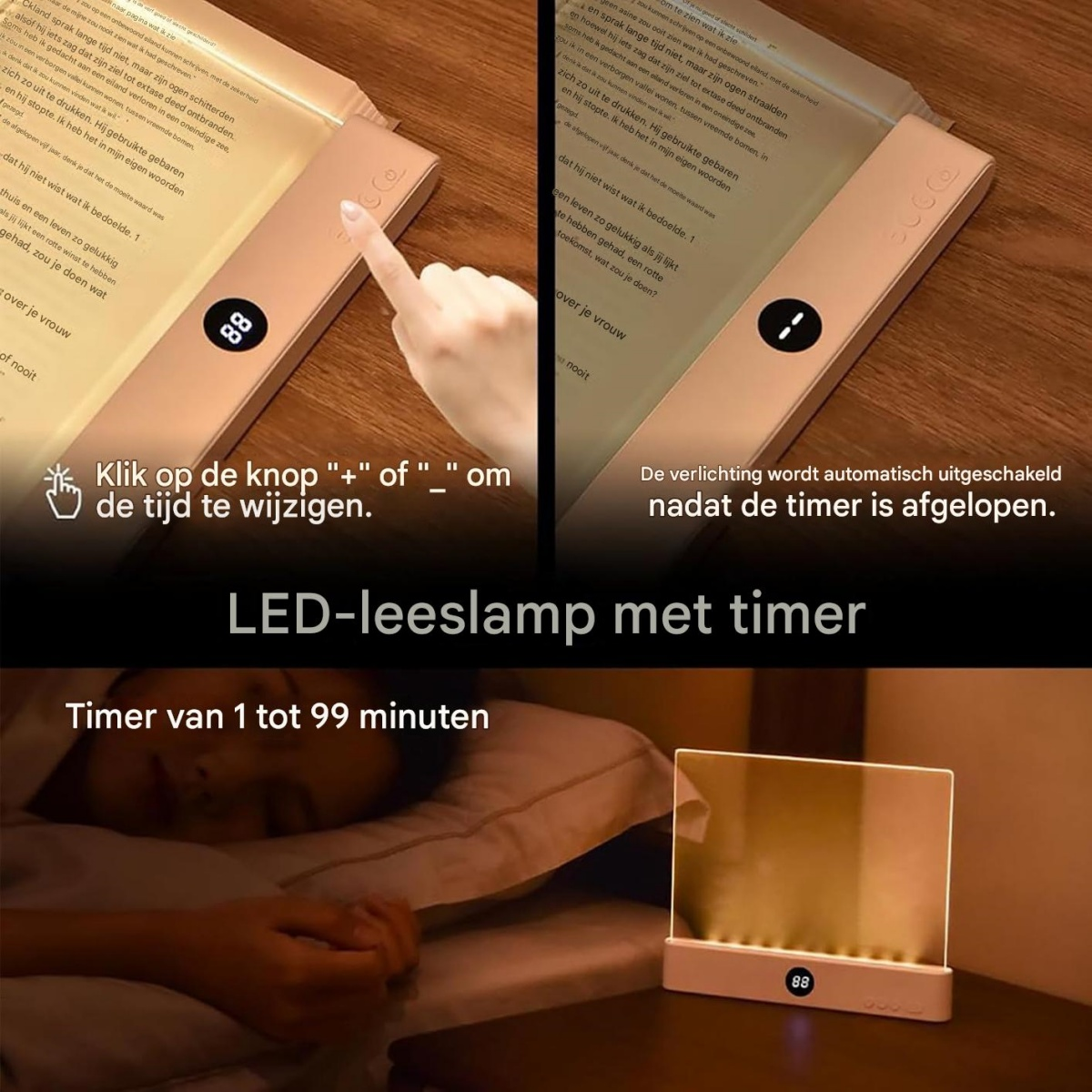 LED-Leselampe mit Timer stellt die Zeit von 1 bis 99 Minuten ein.