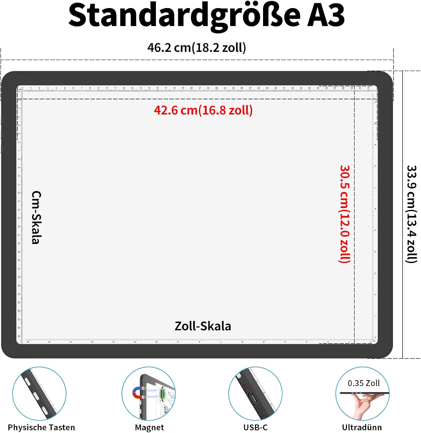Diagramm einer A3-Tafel mit Maßen und Skalen in cm und Zoll.