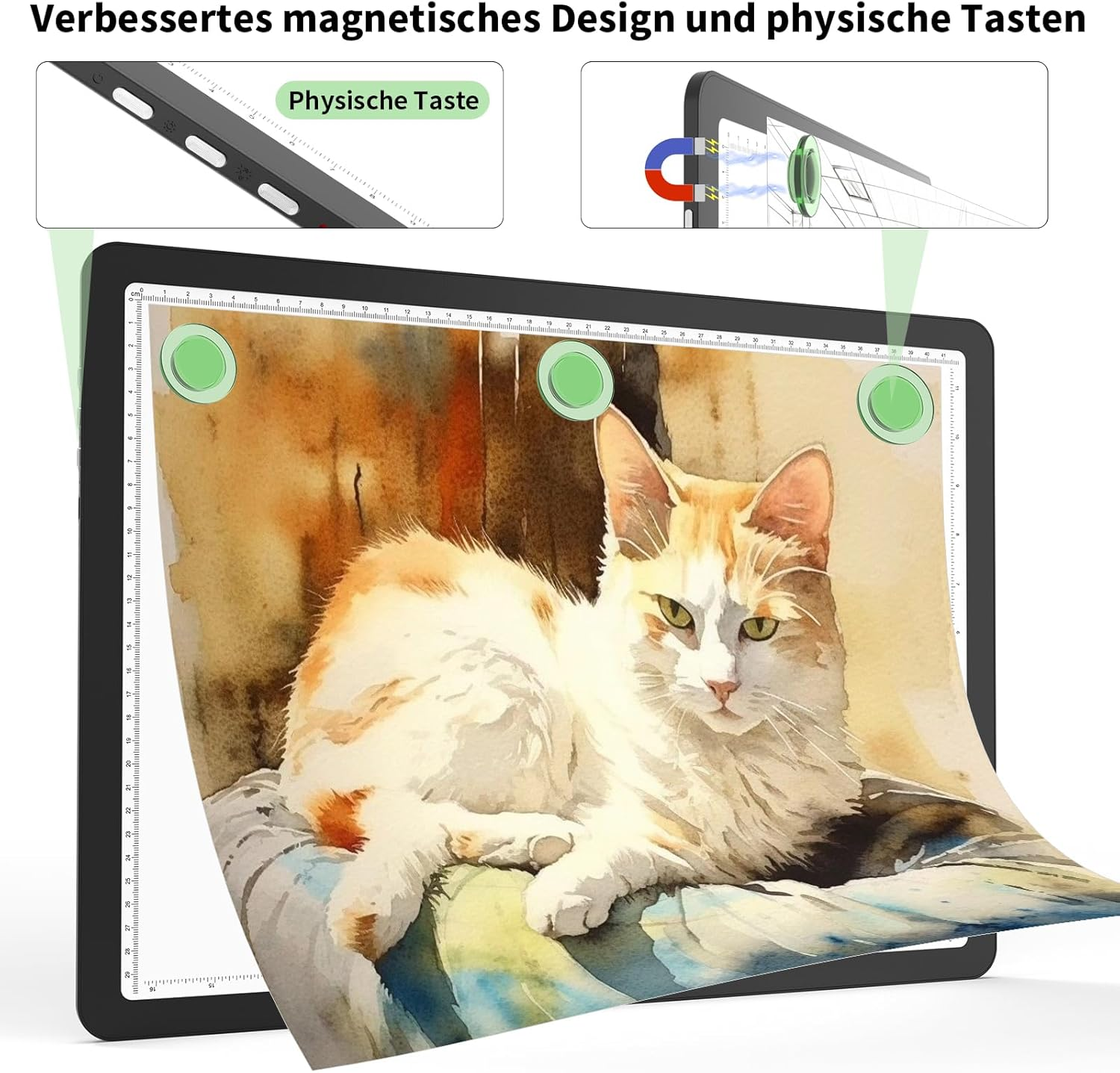 Tablet zeigt ein Katzenbild. Magnete und Tasten gezeigt.