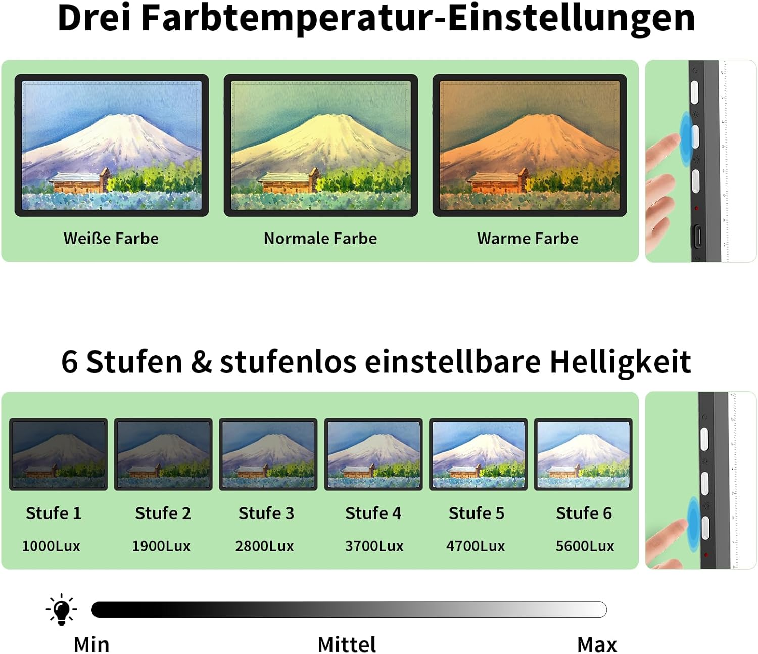 Drei Farbtemperaturen und Helligkeitseinstellungen mit Berg- und Hausbildern.