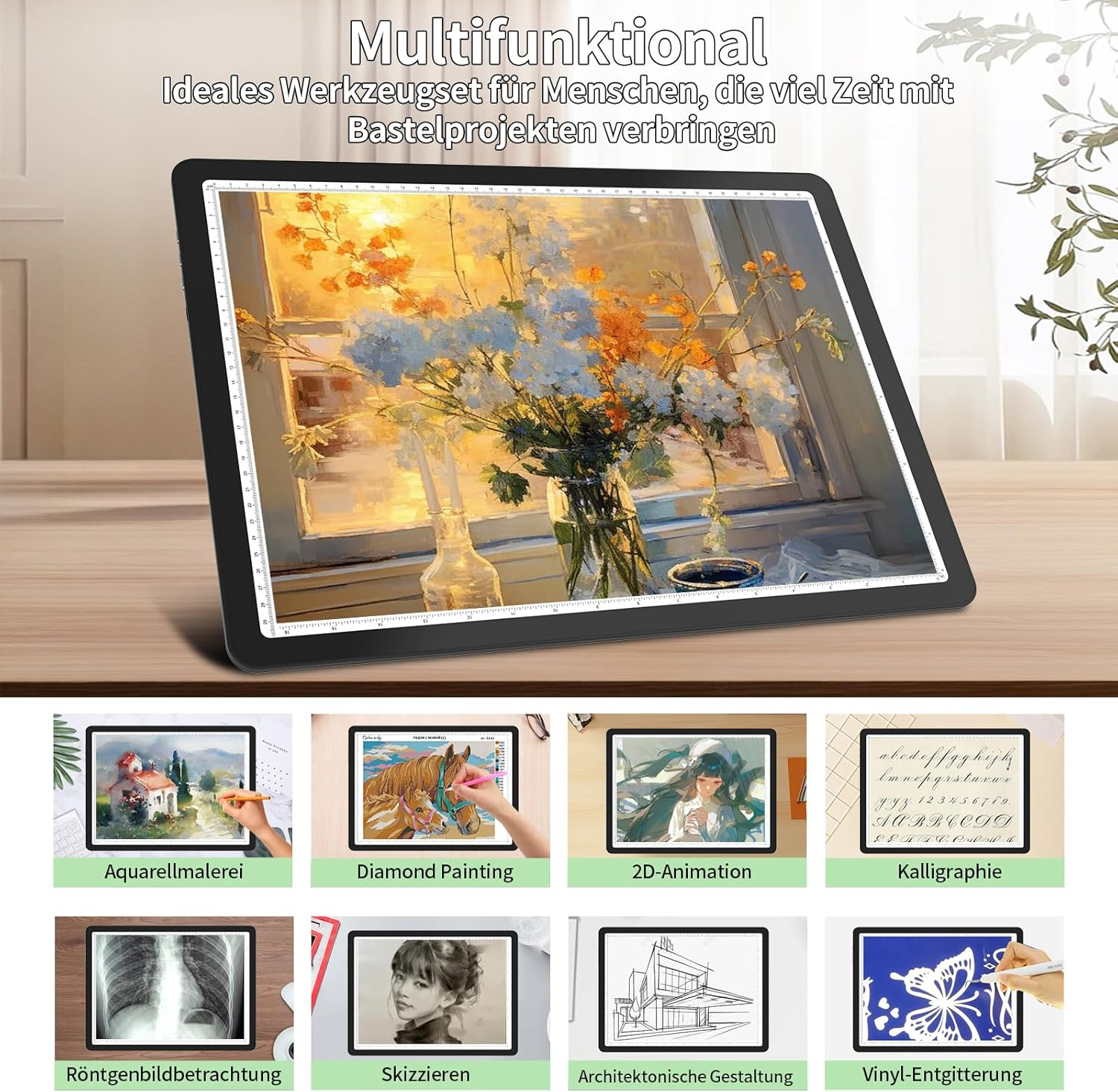 Ein beleuchtetes Tablet zeigt Blumen am Fenster, mit diversen Kunstprojekten darunter.