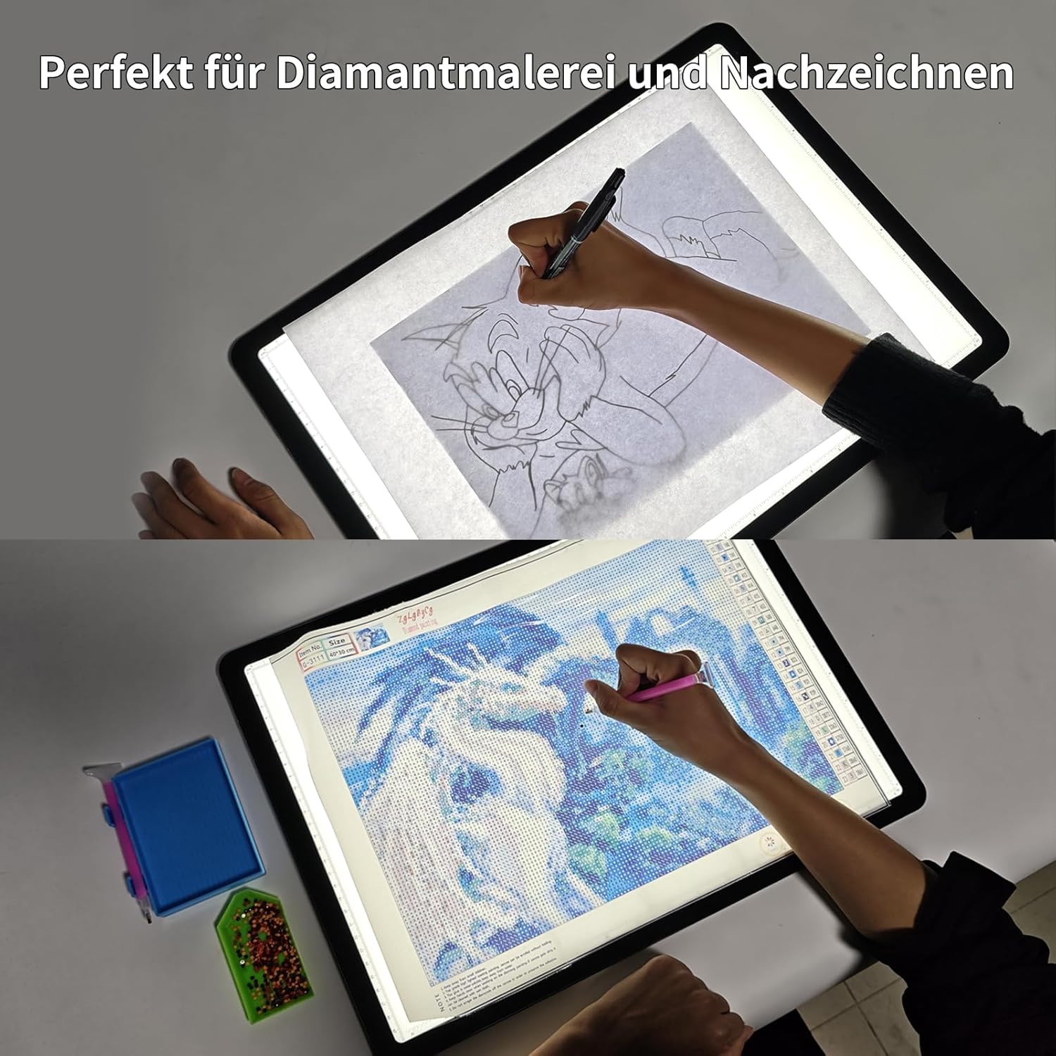 Person zeichnet Tom auf Leuchttafel; Person erstellt Diamantbild.