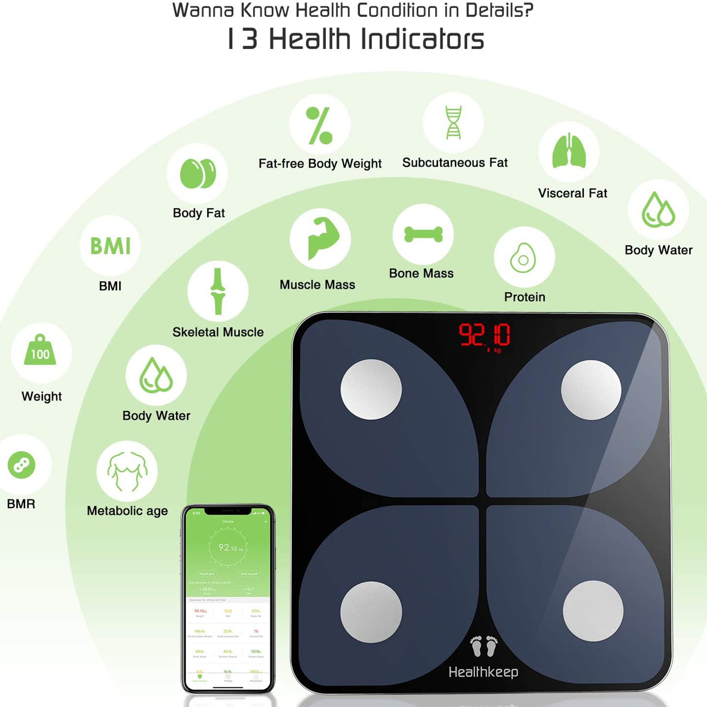 Eine digitale Waage und ein Smartphone zeigen Gesundheitsindikatoren wie Körperfett und BMI an.