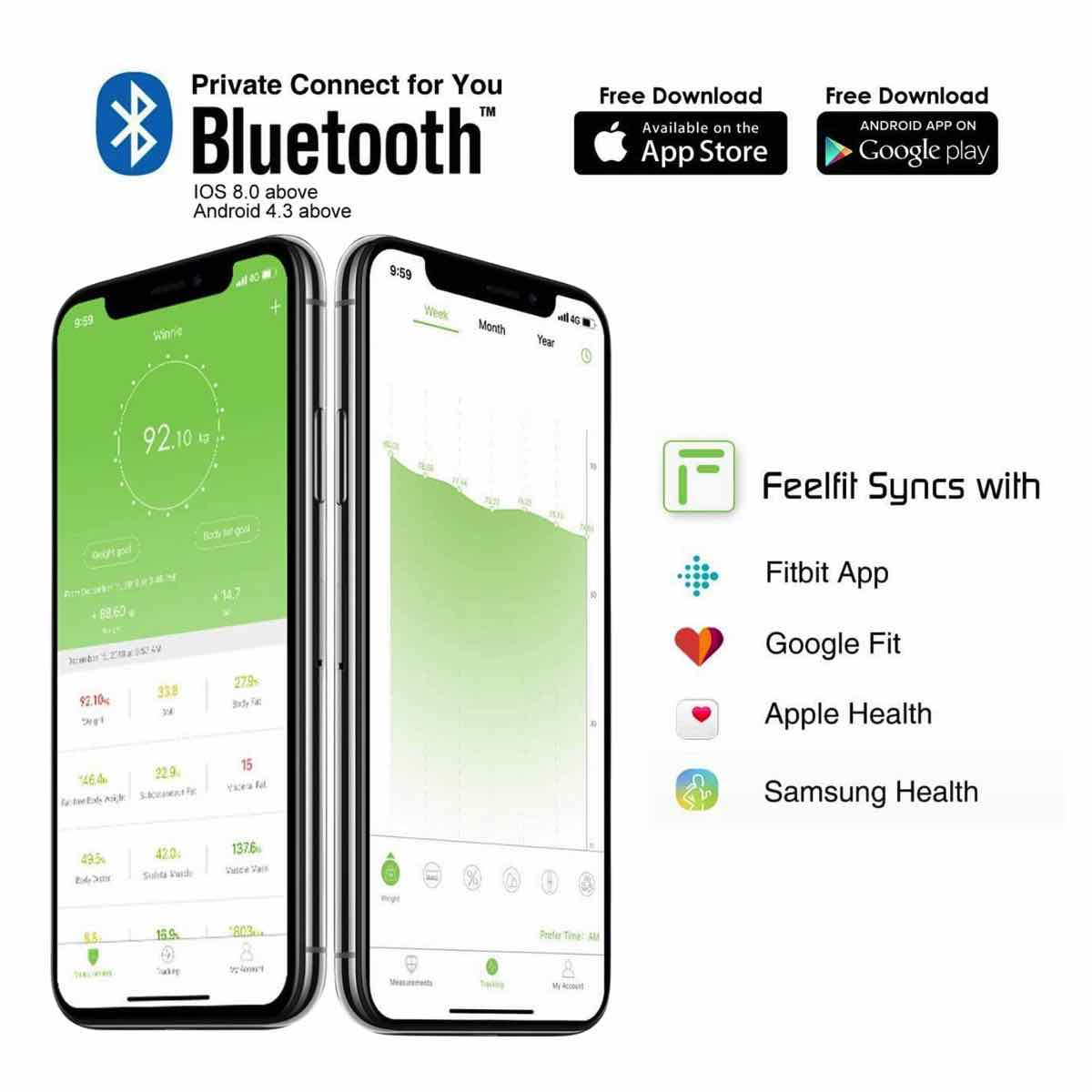 Zwei Smartphones zeigen die Feelfit App mit Gewichtsverlauf und Synchronisierung mit Fitness-Apps.
