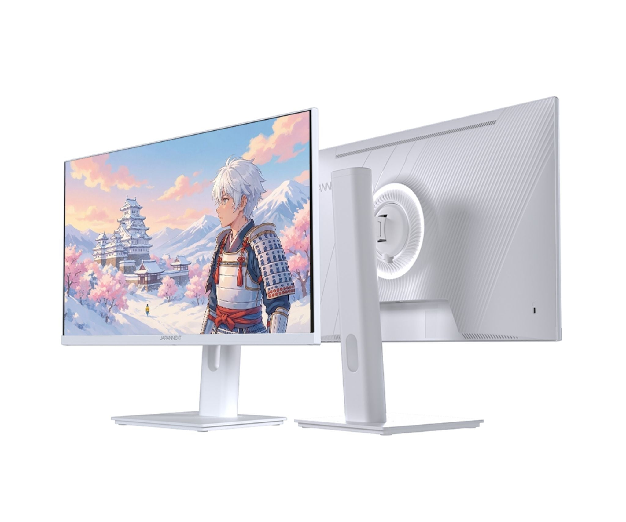 Ein weißer Monitor zeigt ein Anime-Bild eines Samurai vor einer Burg und Kirschblüten.