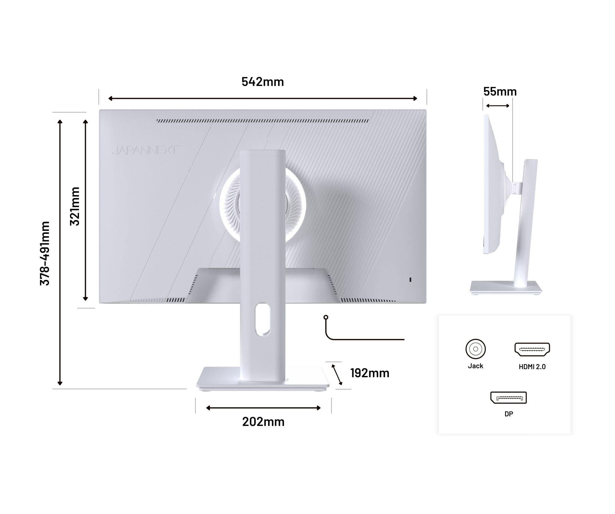 Weißer Monitor mit Maßen und Port-Symbolen: Klinke, HDMI 2.0, DP.