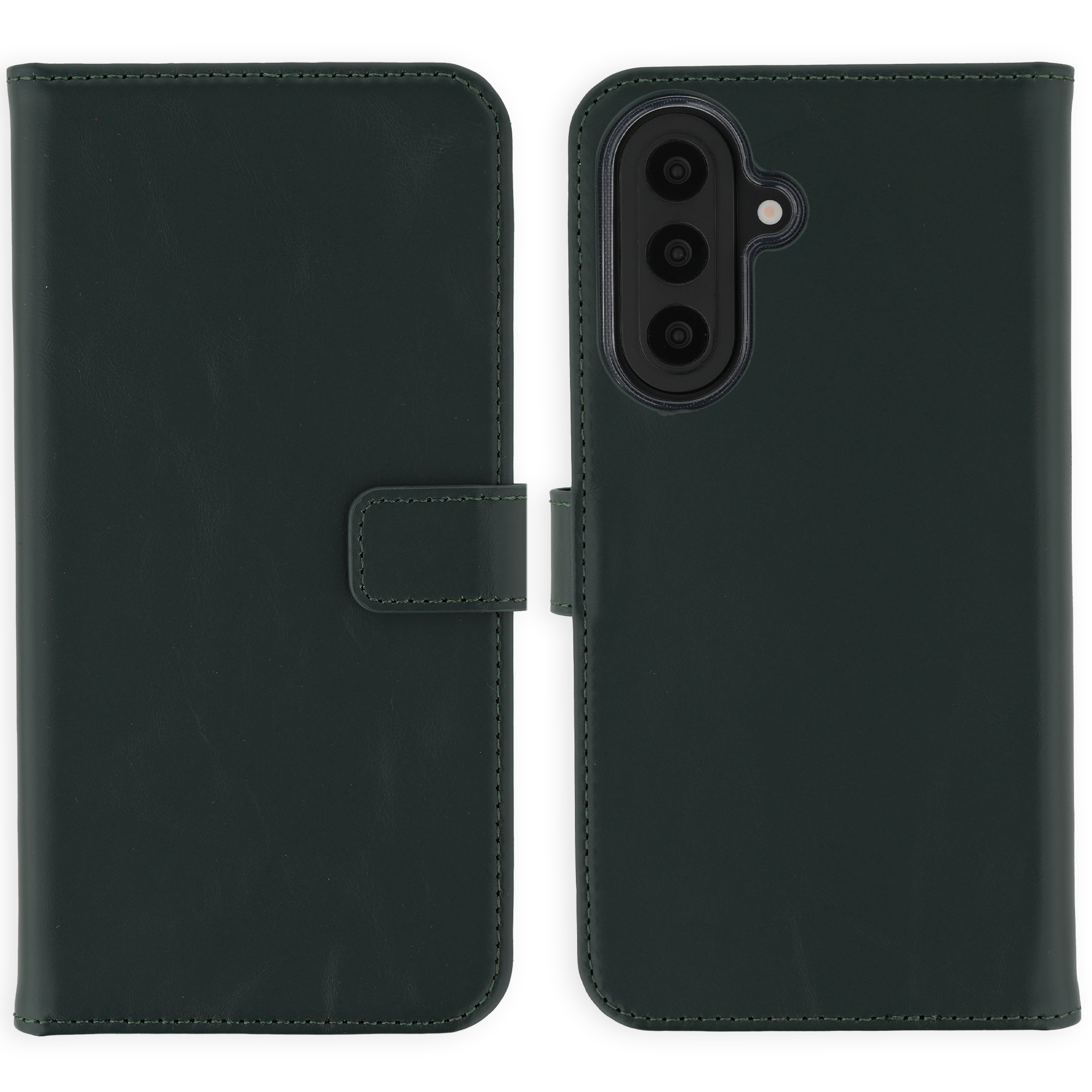 Donkergroen telefoonhoesje met drie camera's en flitser.