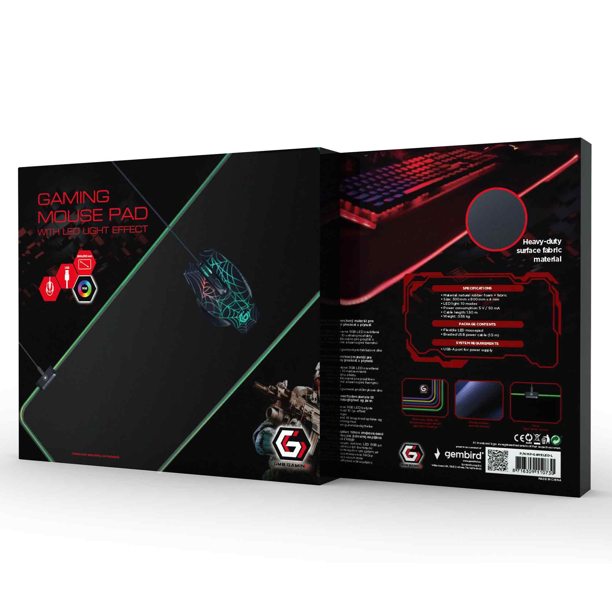 Alfombrilla de ratón para juegos negra con iluminación LED RGB, ratón y teclado.