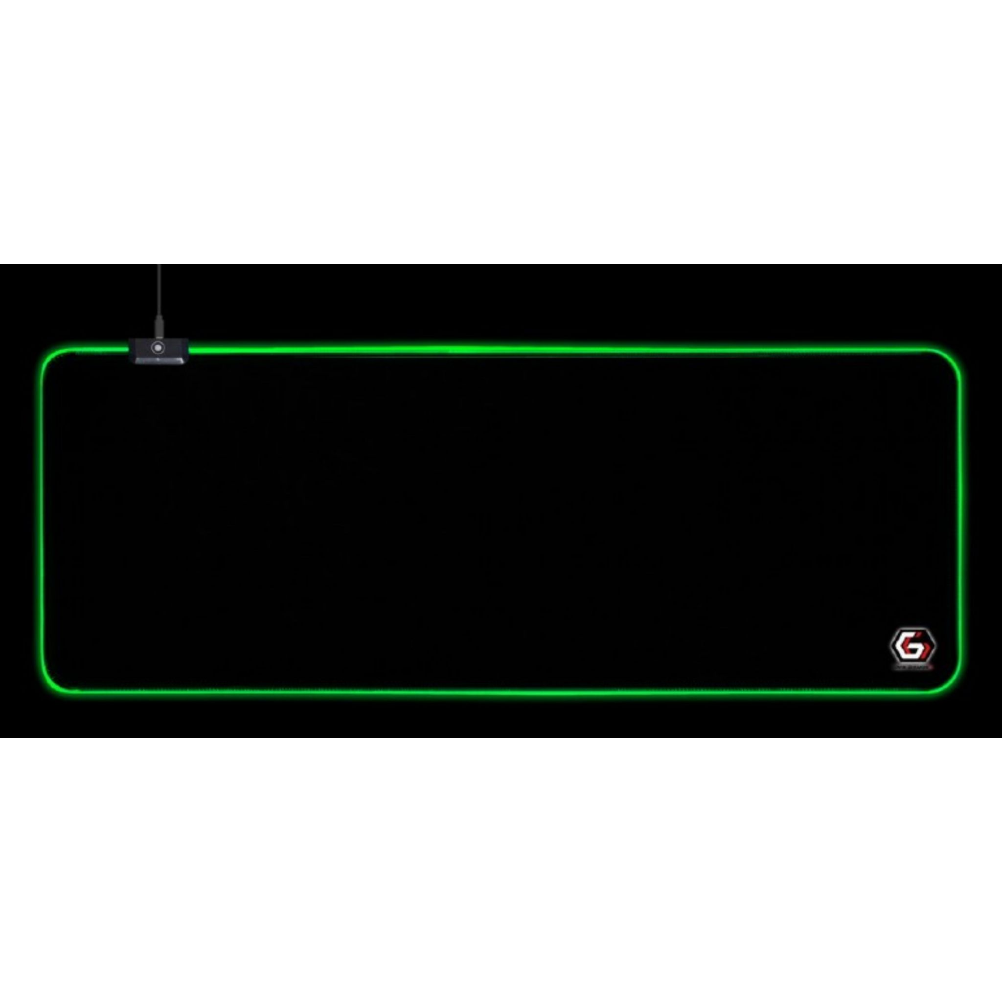 Alfombrilla de ratón negra con iluminación LED verde y logo G abajo a la derecha.