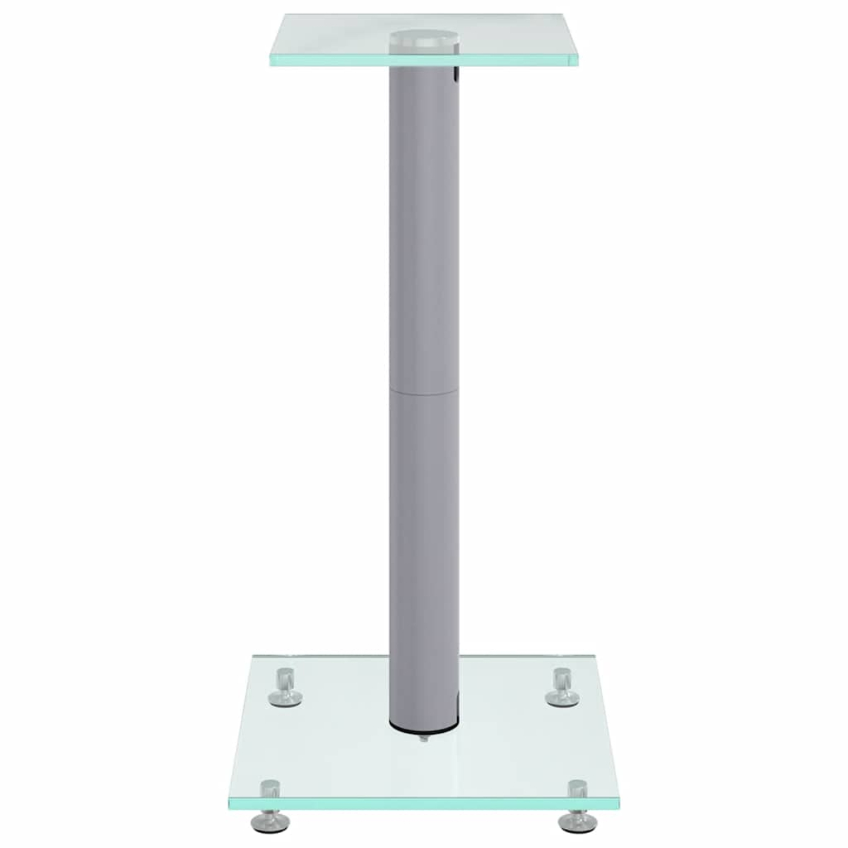 Ein moderner Ständer mit Glasböden und einer grauen Säule.
