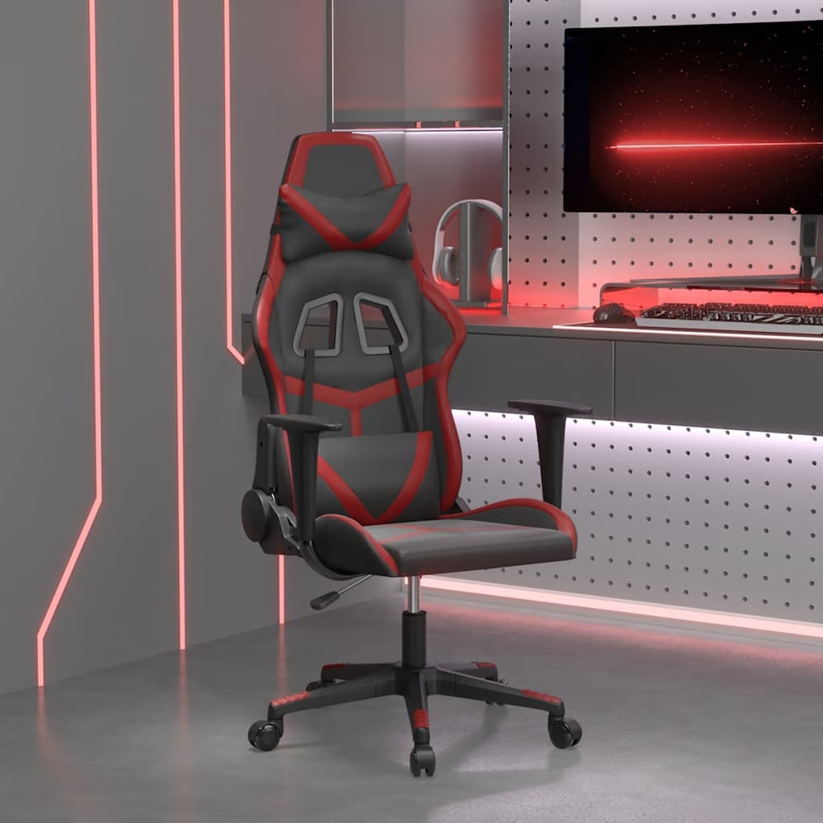 Schwarzer und roter Gaming-Stuhl mit Rädern, Kopfhörern und einem Computer.