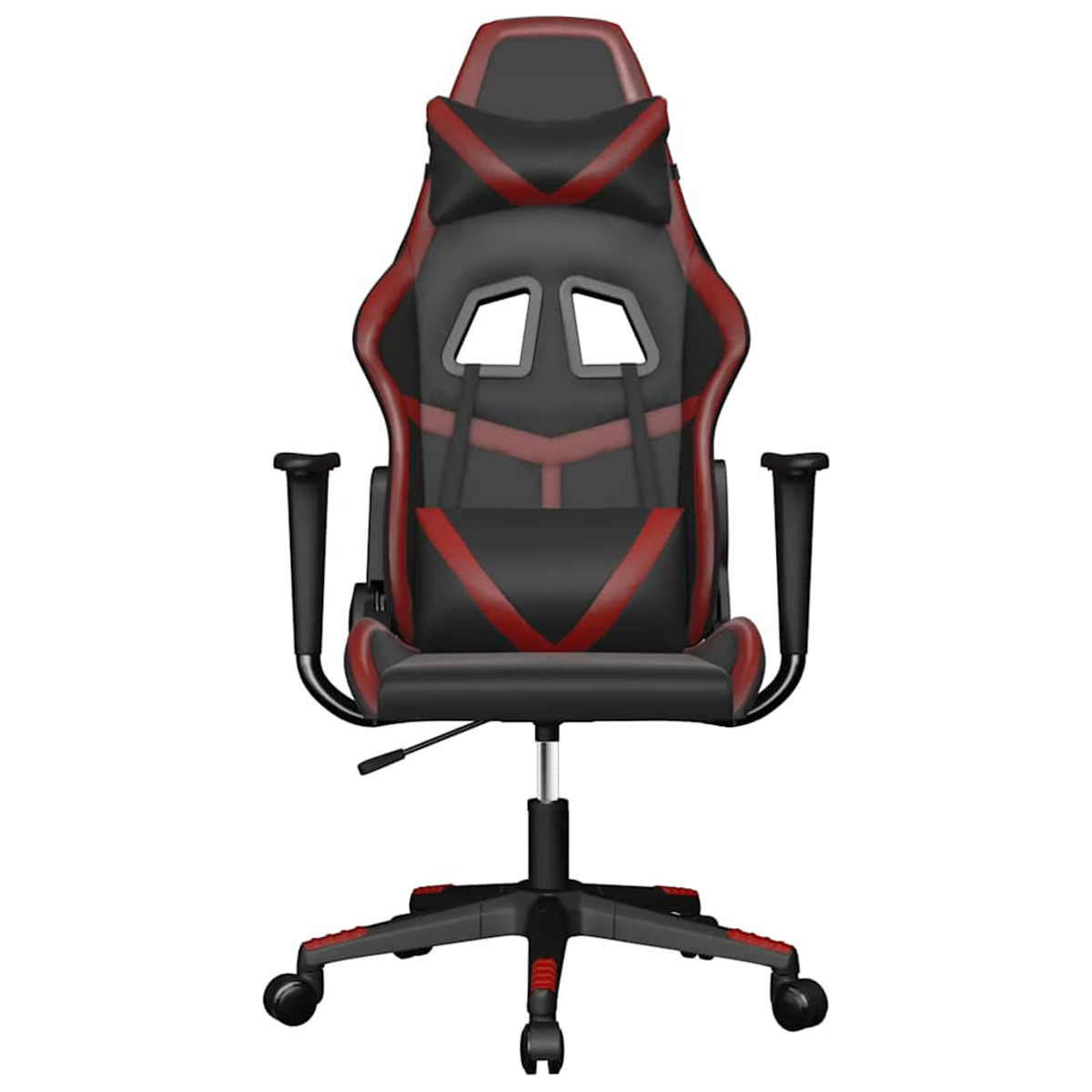 Ein schwarzer Gaming-Stuhl mit roten Akzenten und Kopfstütze.