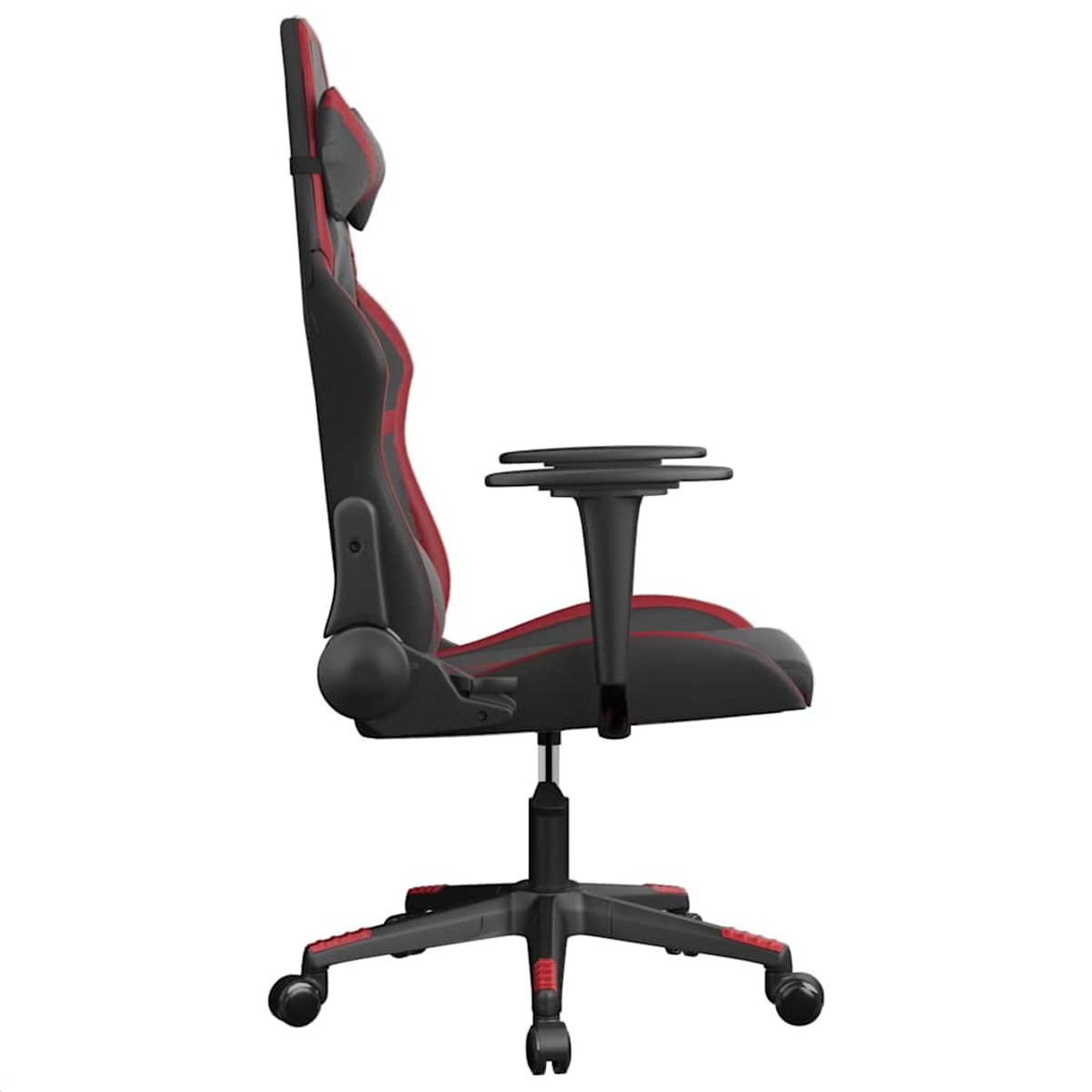Ein schwarzer Gaming-Stuhl mit roten Akzenten, von der Seite gesehen.
