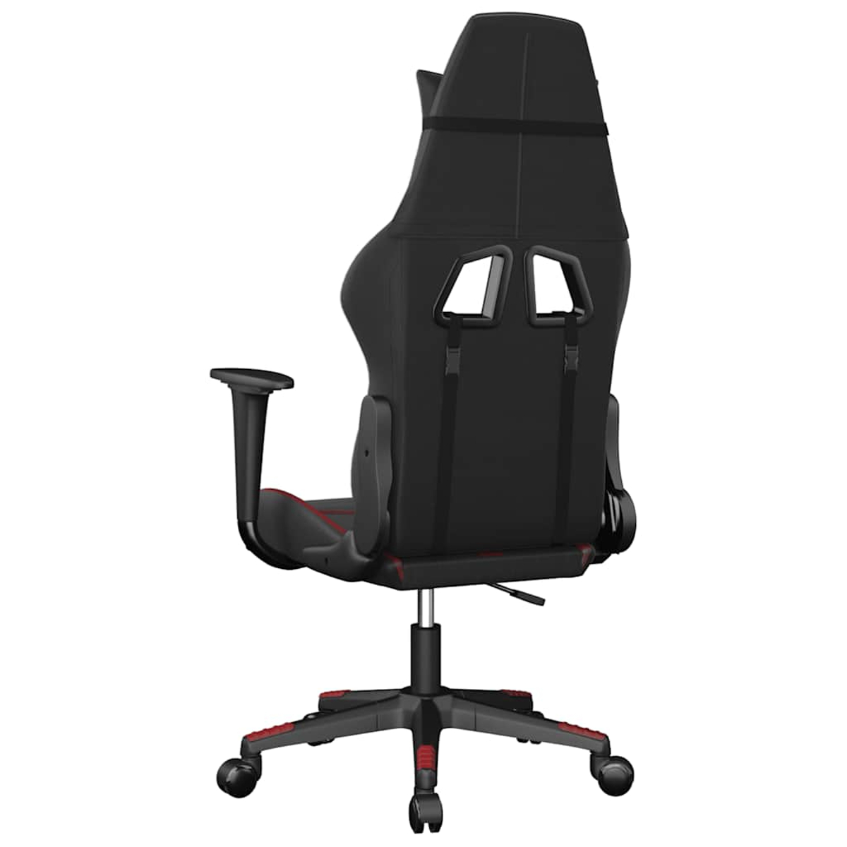 Schwarzer Gamingstuhl mit roten Akzenten, von hinten gesehen.
