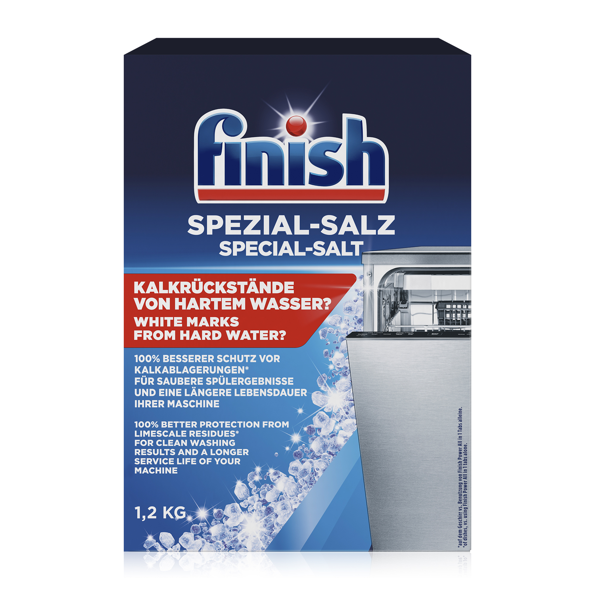 Finish Spezial-Salz 1,2kg Packung mit Spülmaschinen-Innenraum-Abbildung.