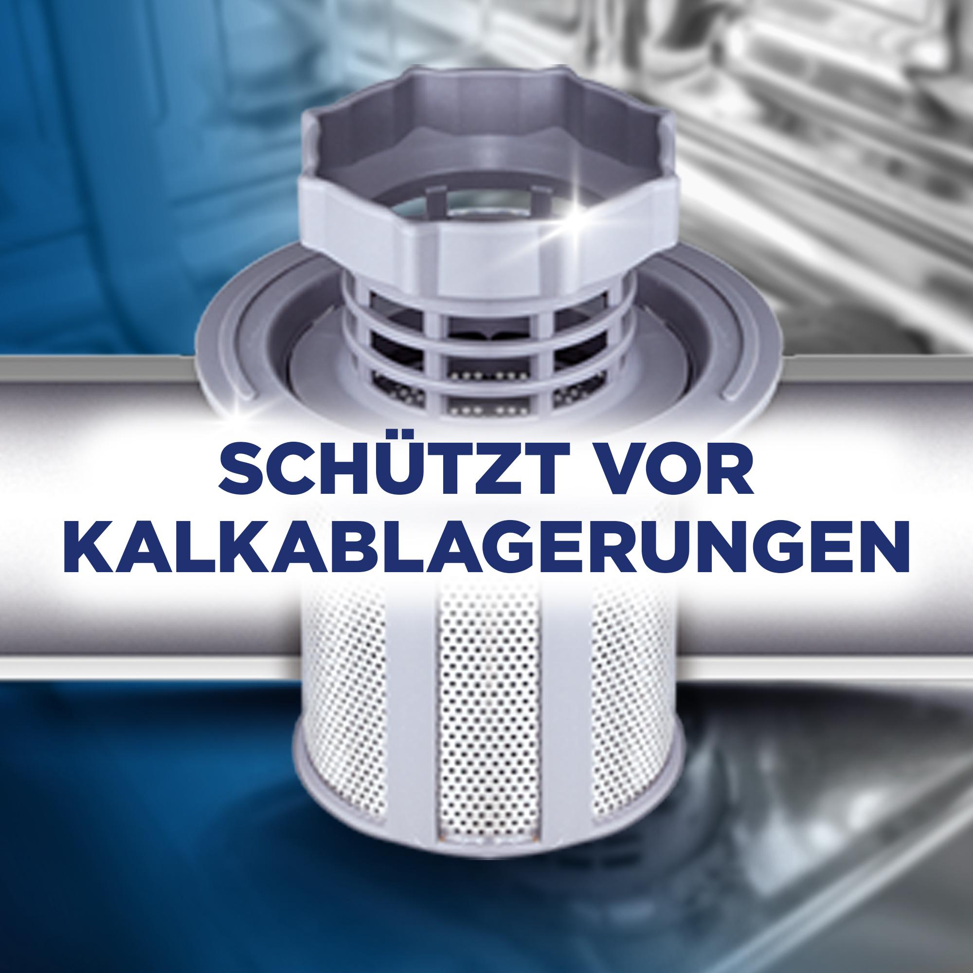 Grauer Spülmaschinenfilter schützt vor Kalkablagerungen.