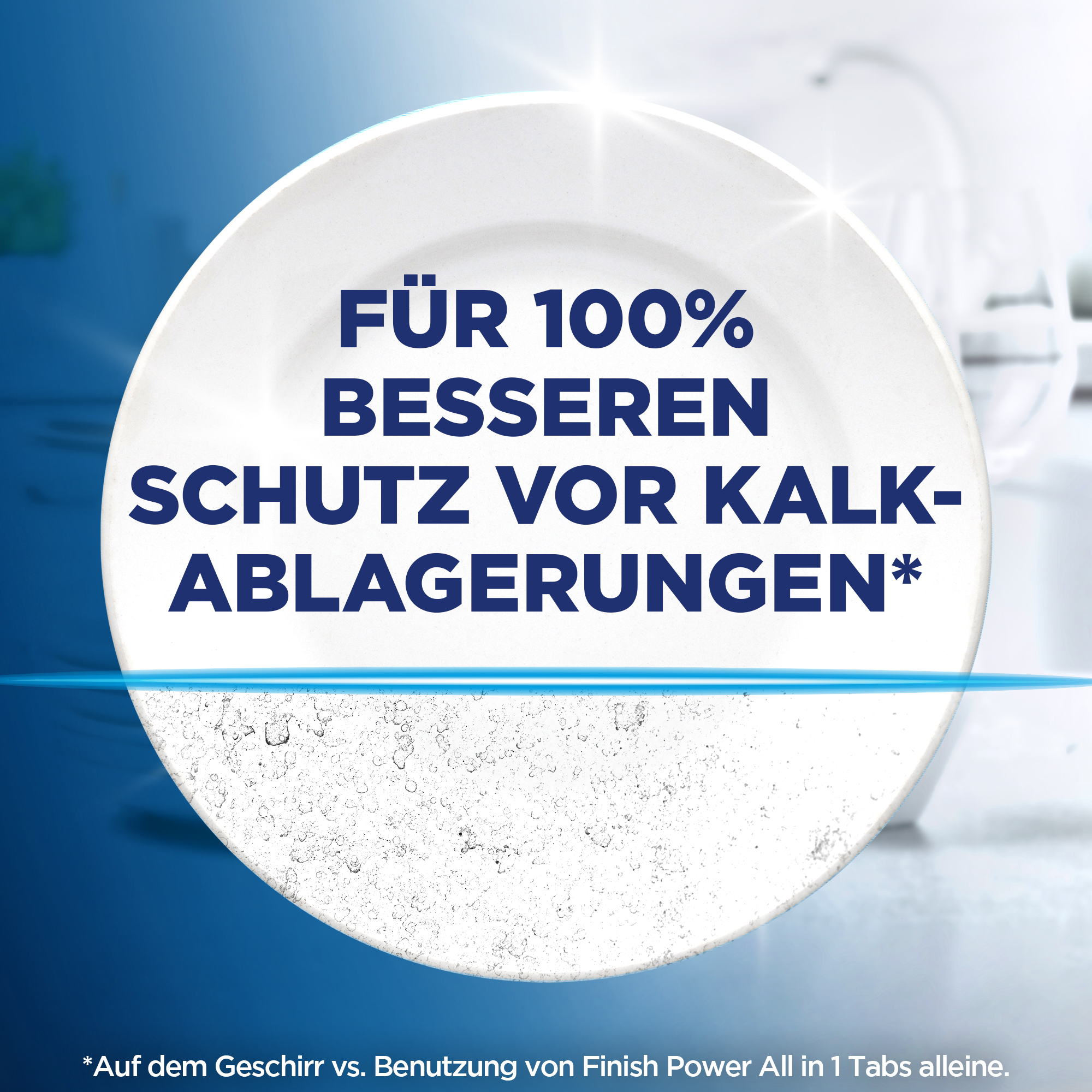 Weißer Teller mit Text 'Für 100% besseren Schutz vor Kalkablagerungen'.