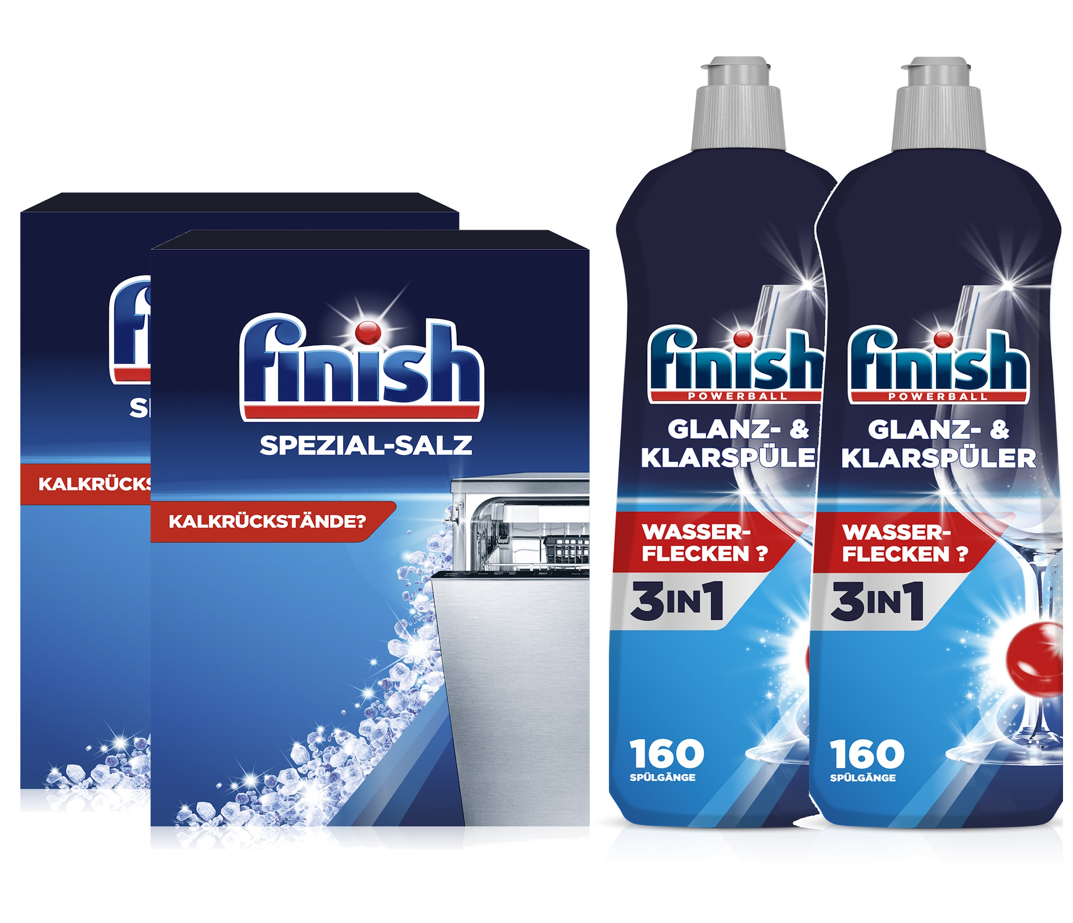 Zwei Flaschen Finish Klarspüler und drei Packungen Spezial-Salz für die Spülmaschine.