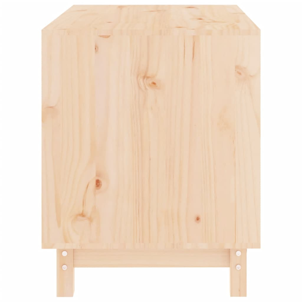 Ein heller Holzkasten mit zwei Beinen, weißer Hintergrund.