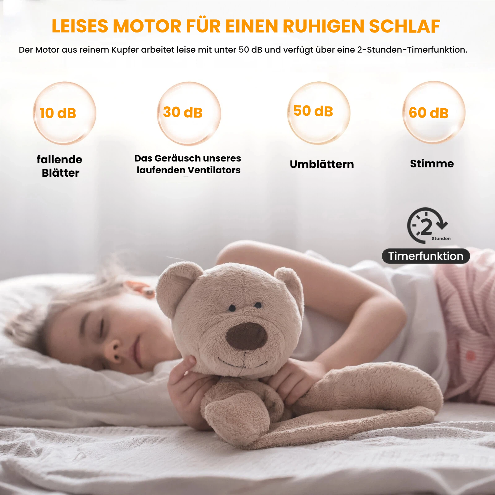 Ein Kind schläft mit Teddybär. Leiser Motor, 2h Timer, 10-60dB Geräuschpegel.