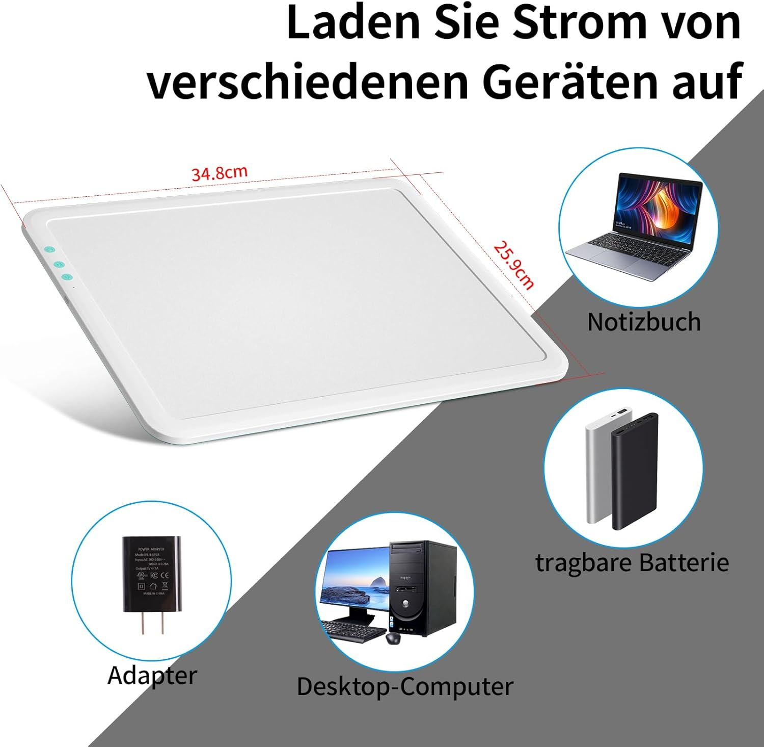 Weiße Ladestation mit Laptop, Desktop, Netzteil und Powerbanks.