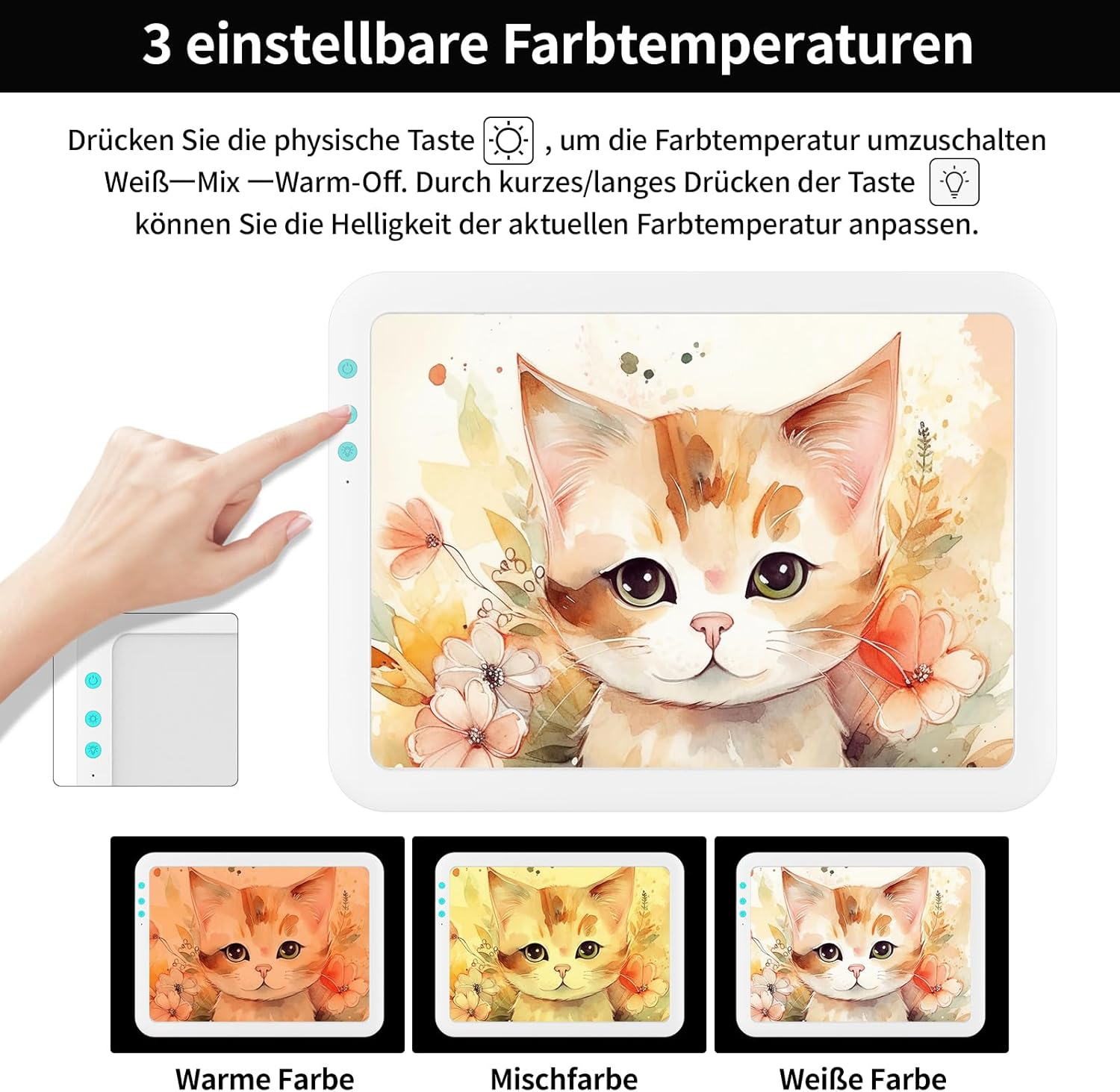 Ein Kätzchen mit Blumen, drei Farbtemperaturen zur Auswahl.