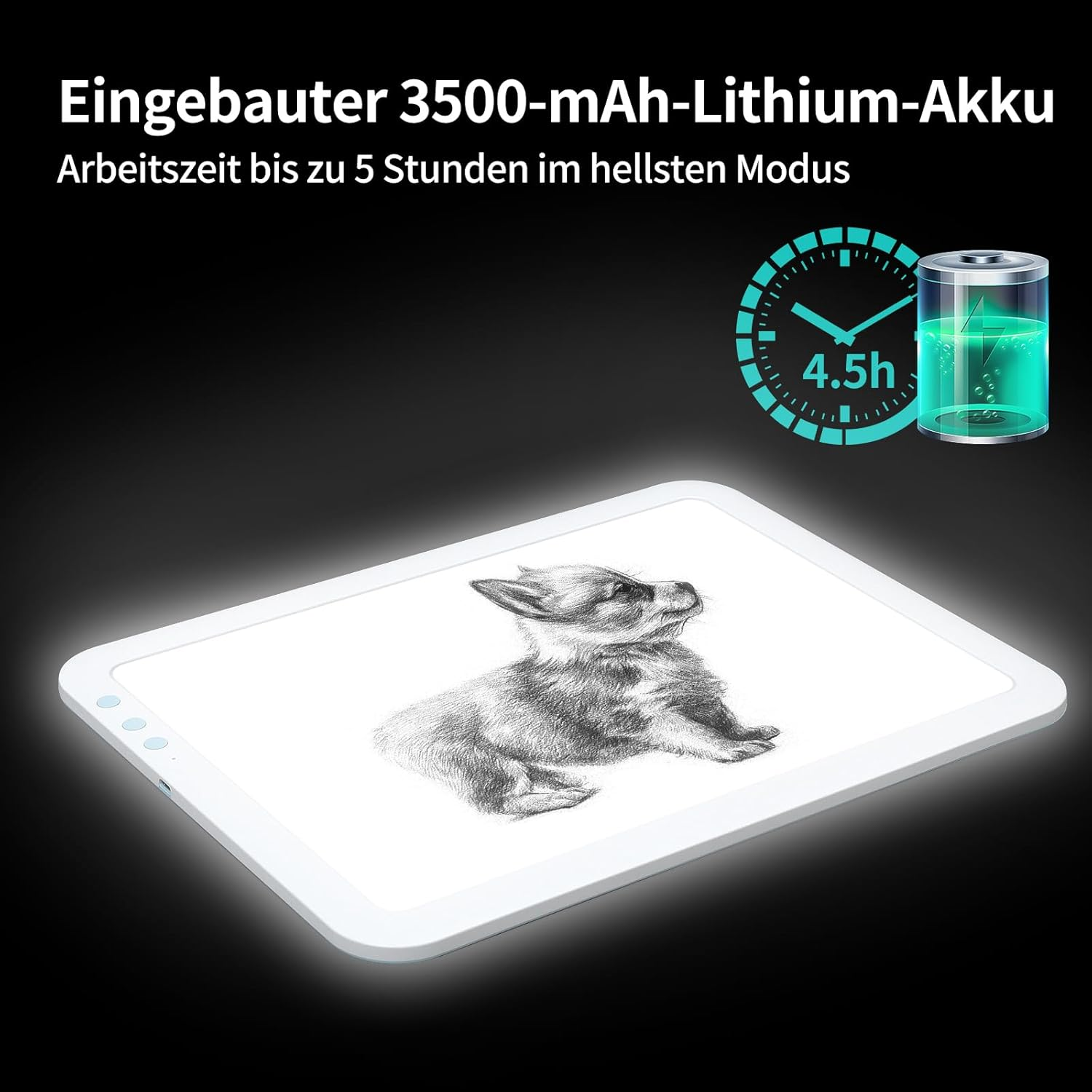 Ein beleuchtetes Zeichenbrett mit einem Fuchs-Sketch und Akku-Anzeige 4.5h.