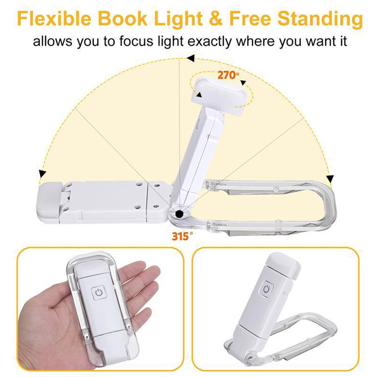 Ein weißes, faltbares Buchlicht mit verstellbarem Arm und Basis.