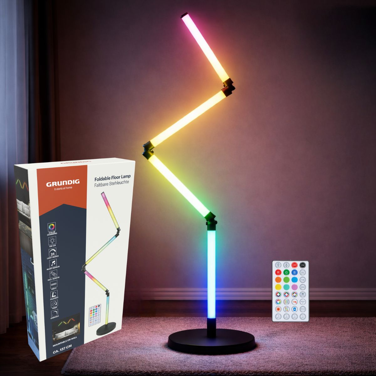 Een opvouwbare staande lamp met kleurrijke LED-buizen staat naast de productverpakking.