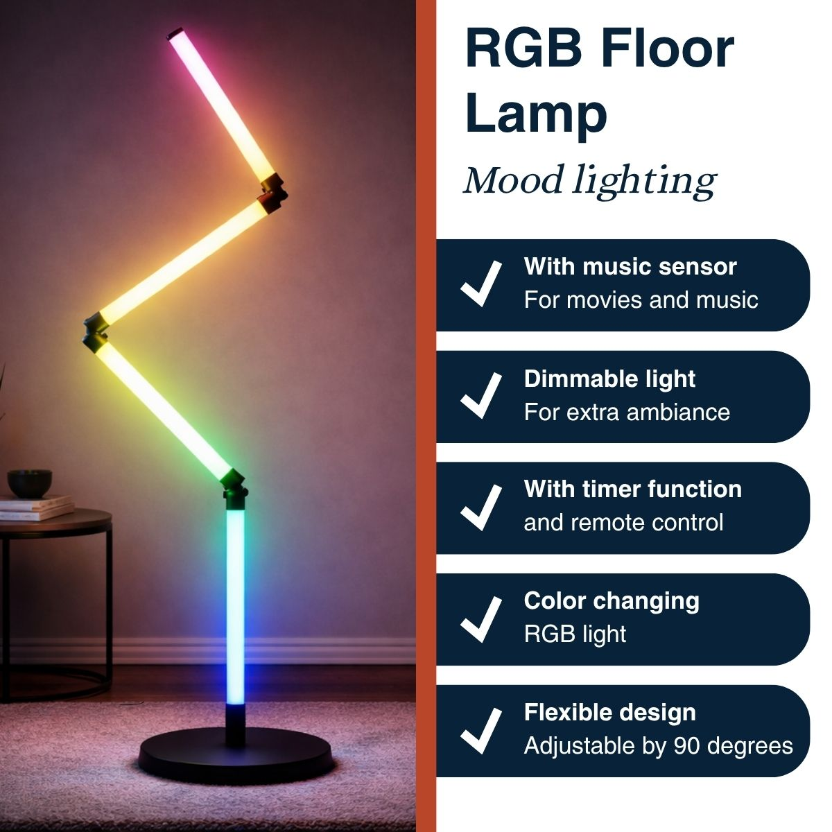 Een zigzaggende RGB-staande lamp met sfeerverlichting en verstelbare functies.