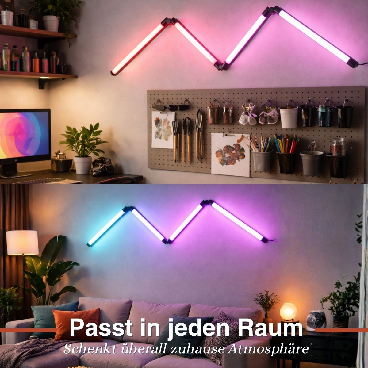 Twee zigzag LED-lampen verlichten muren in een thuiskantoor en een woonkamer.